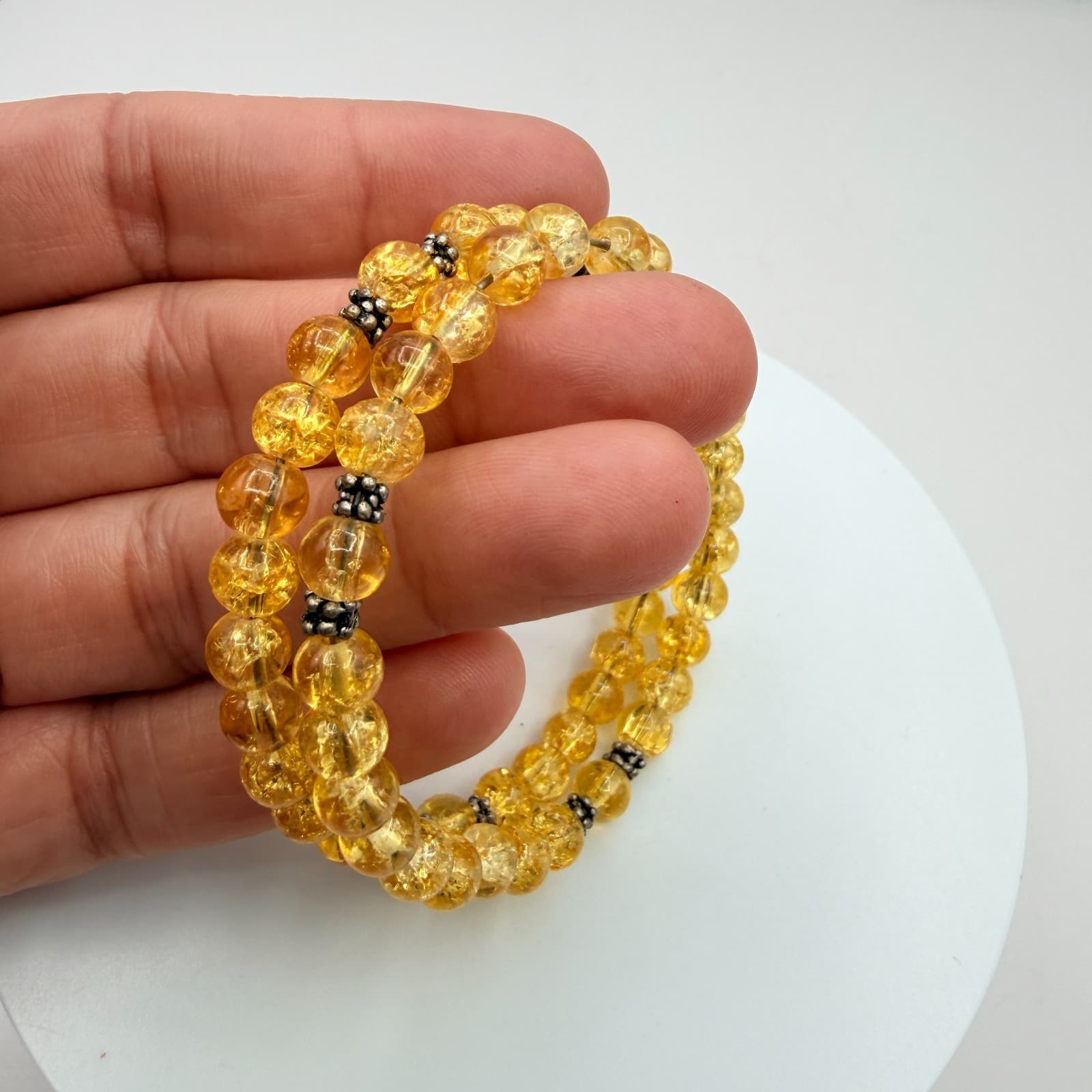 Vintage Yellow Beaded Wrap Bracelet Crackle Glass Citrine Color Cross Charm Boho - Thumbnail 8