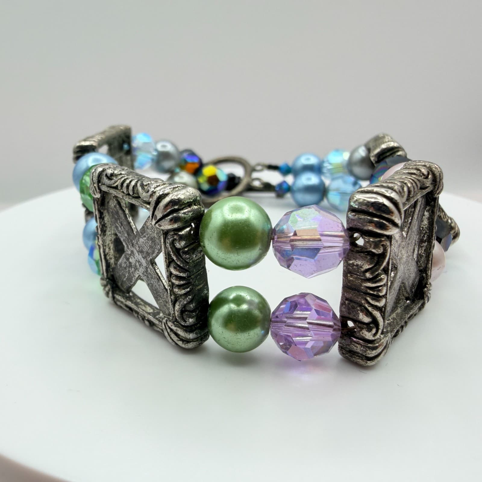 Vintage Silver Tone Chunky Beaded Bracelet Statement Boho Multi Color Faux Pearl - Thumbnail 4
