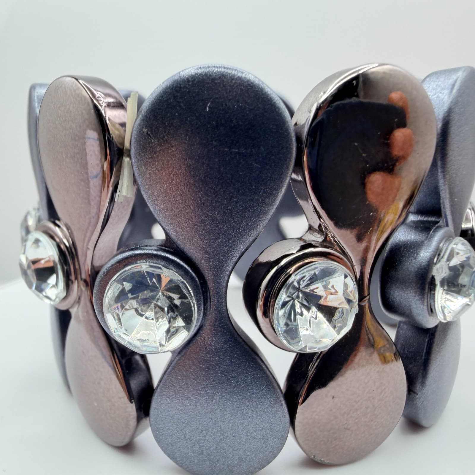 Vintage Gray Stretch Bracelet Rhinestone Accents Geometric Chunky Panel Wide 90s - Thumbnail 5