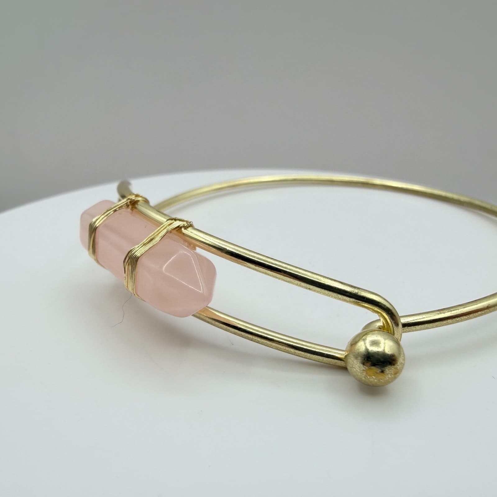Vintage Gold Tone Hook Bangle Bracelet Pink Quartz Style Point Wire Wrapped Boho - Thumbnail 5