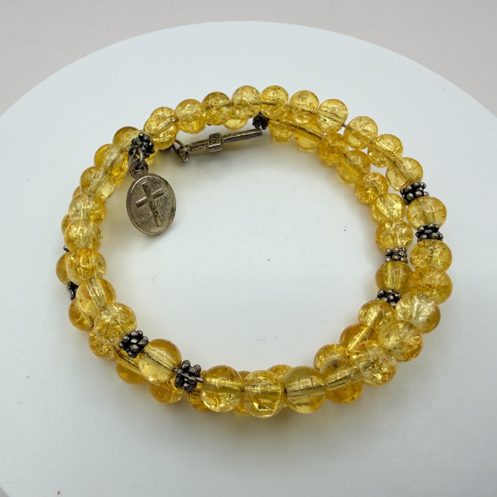 Vintage Yellow Beaded Wrap Bracelet Crackle Glass Citrine Color Cross Charm Boho - Thumbnail 3