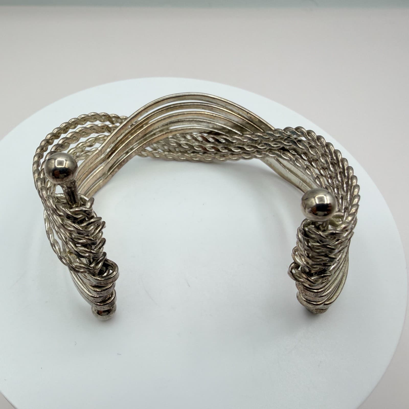 Vintage Silver Tone Multi Strand Cuff Bracelet Twisted Wire Layered Statement - Thumbnail 6