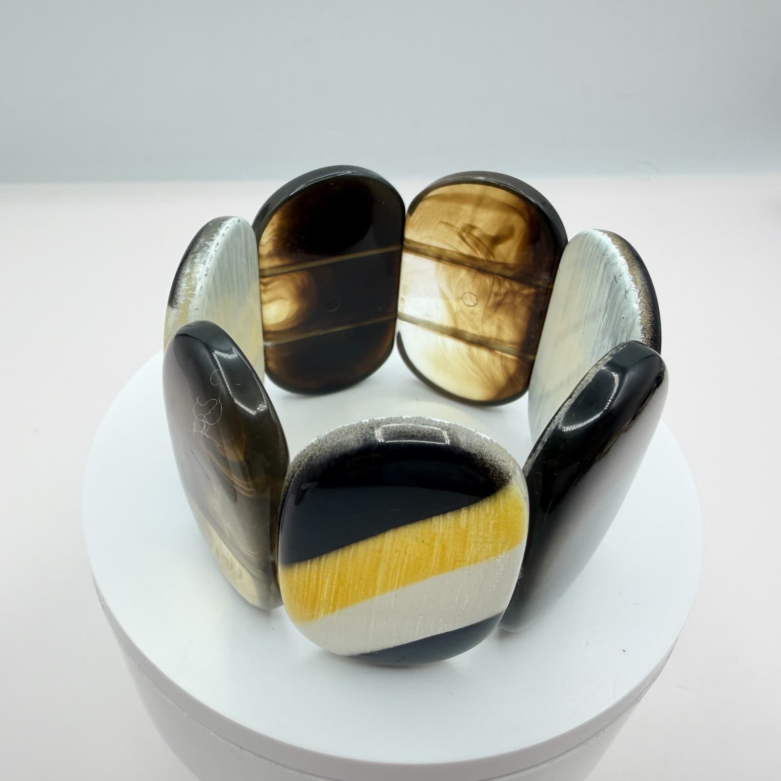 Vintage Acrylic Stretch Bracelet Chunky Wide Panel Striped Marbled Statement 90s - Thumbnail 3
