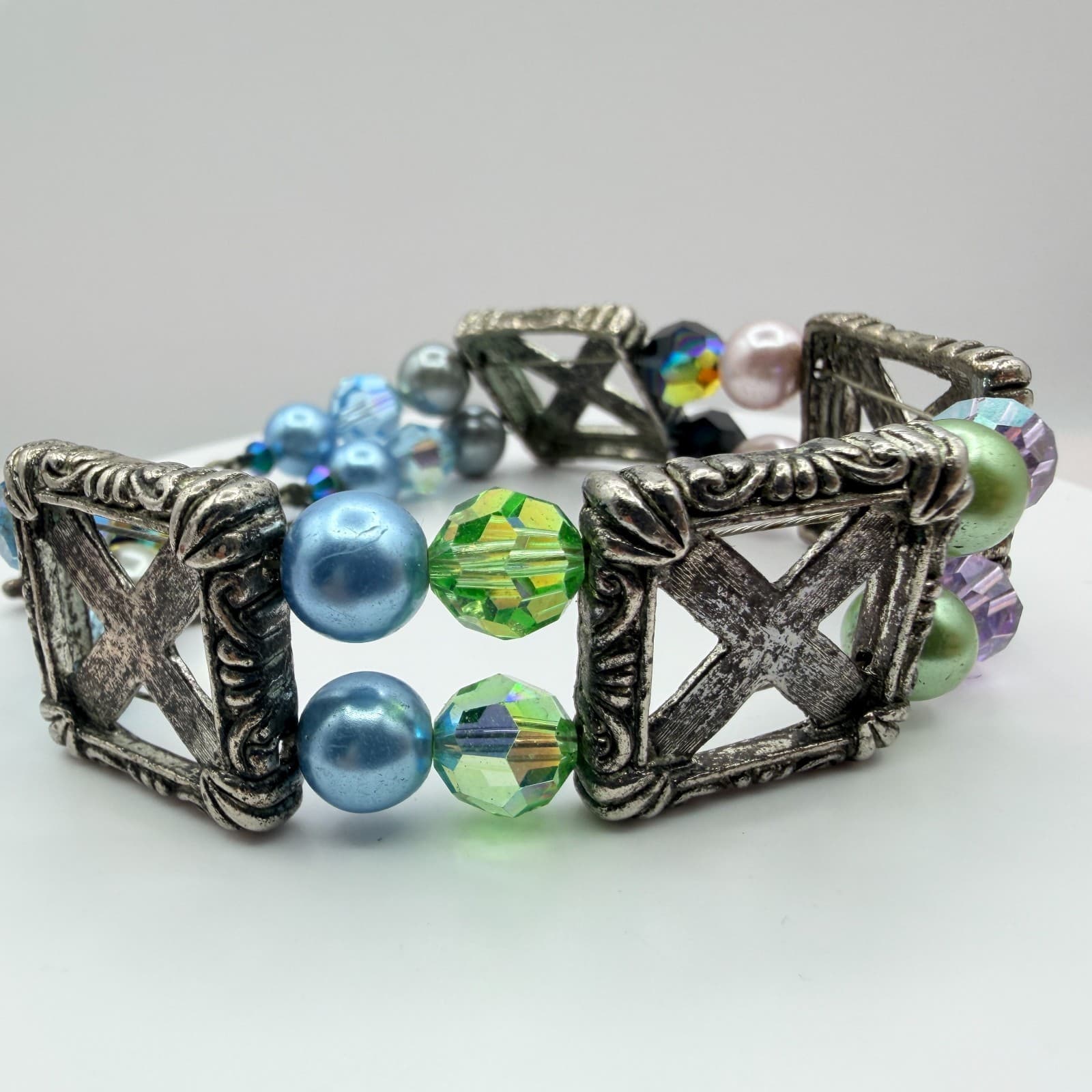 Vintage Silver Tone Chunky Beaded Bracelet Statement Boho Multi Color Faux Pearl - Thumbnail 3