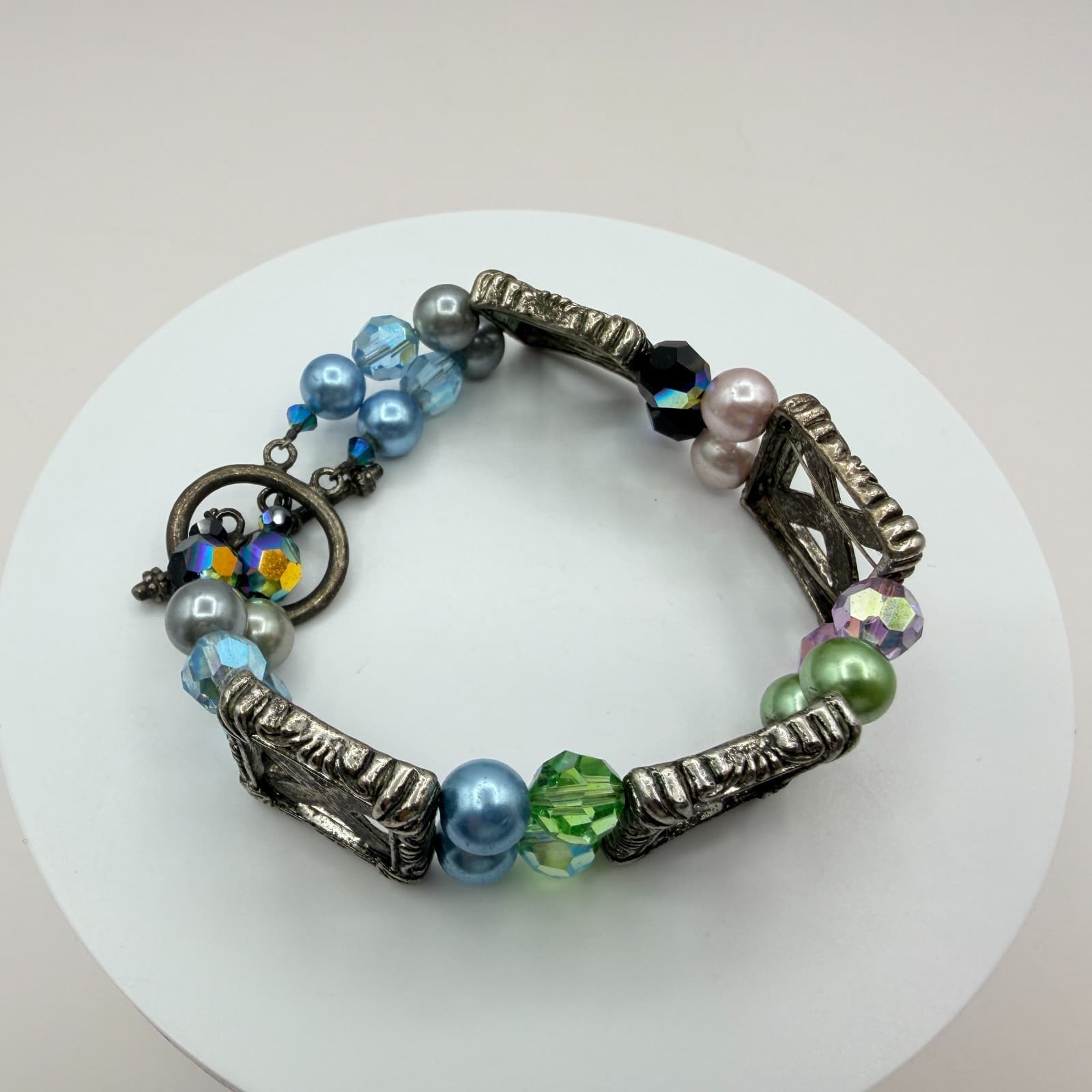 Vintage Silver Tone Chunky Beaded Bracelet Statement Boho Multi Color Faux Pearl - Thumbnail 2