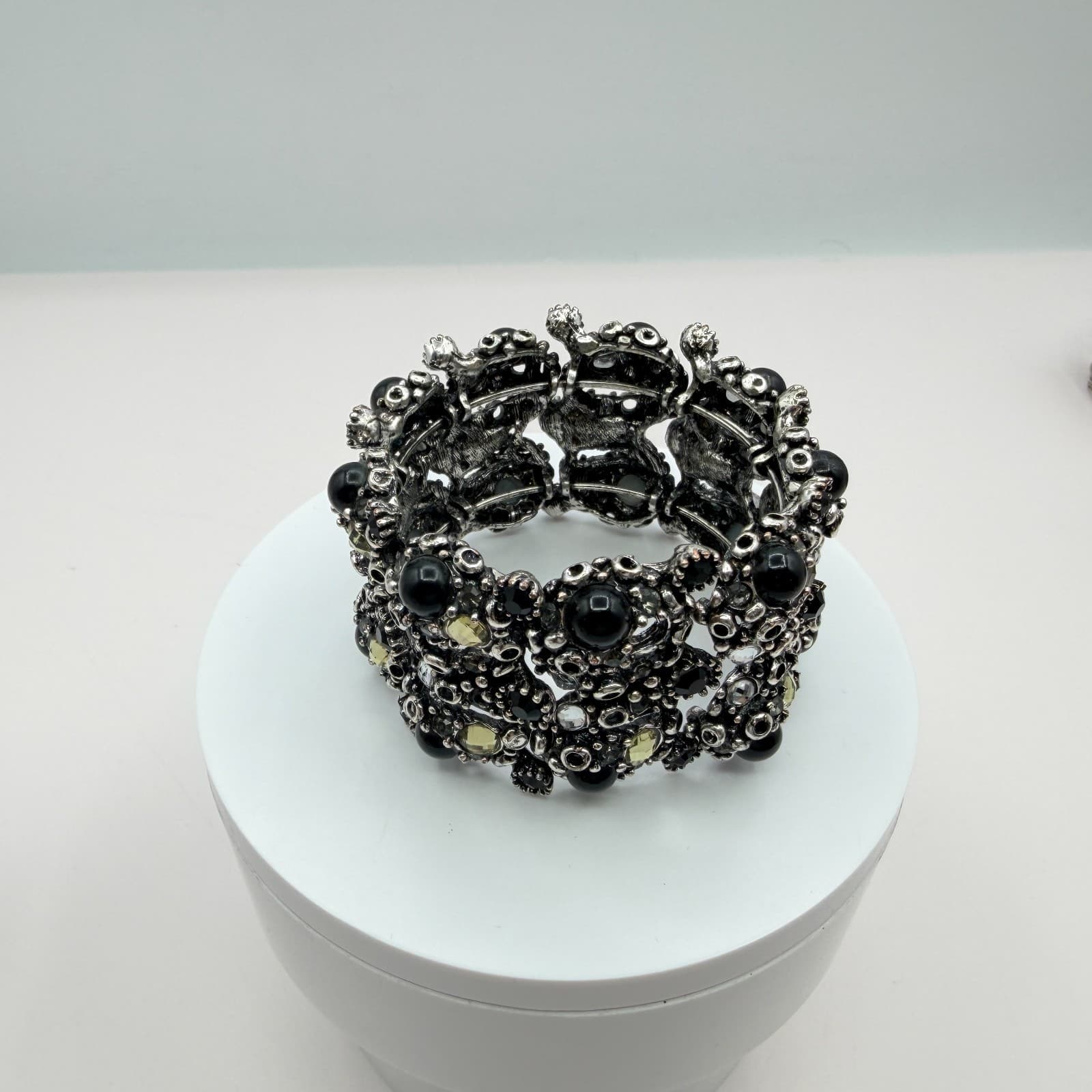 Vintage Silver Tone Stretch Cuff Bracelet Black Rhinestone Chunky Wide Statement - Thumbnail 6