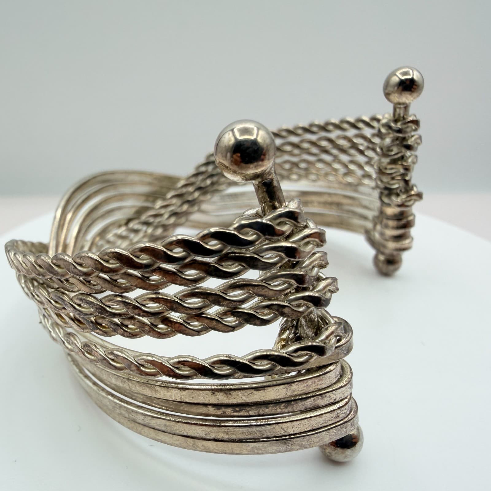 Vintage Silver Tone Multi Strand Cuff Bracelet Twisted Wire Layered Statement - Thumbnail 4