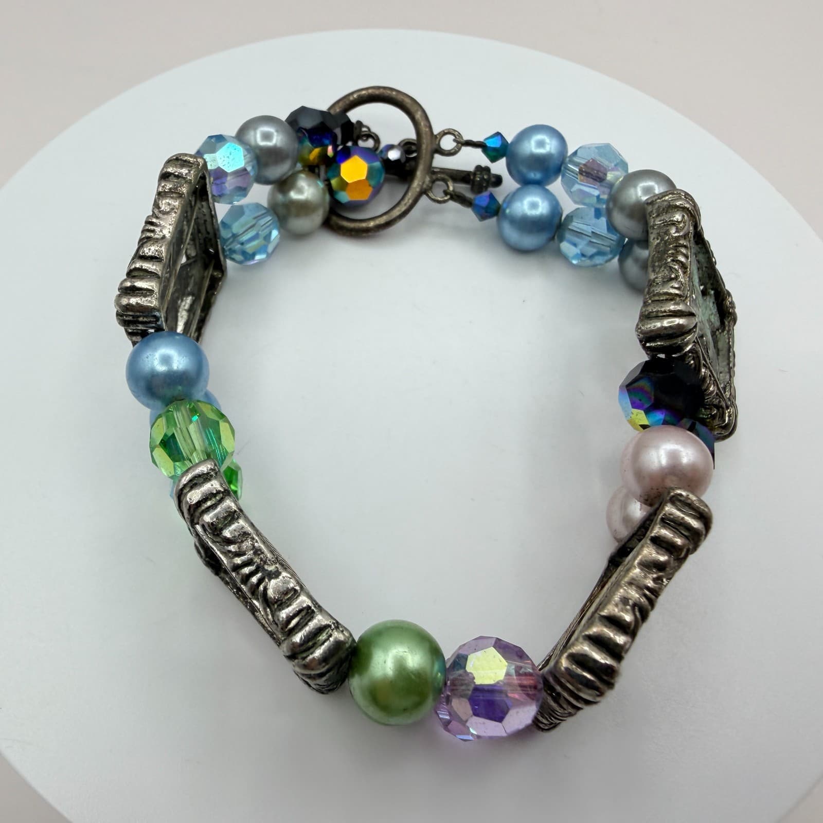 Vintage Silver Tone Chunky Beaded Bracelet Statement Boho Multi Color Faux Pearl - Thumbnail 6