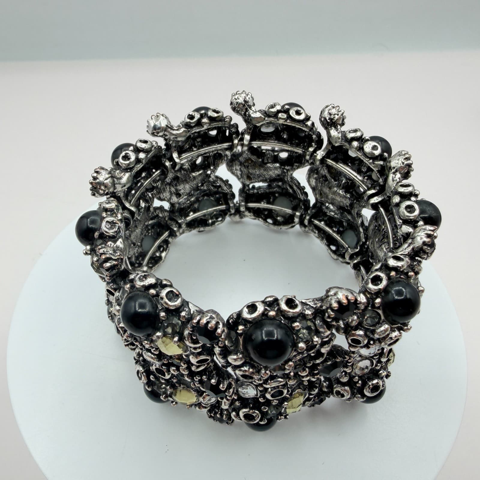 Vintage Silver Tone Stretch Cuff Bracelet Black Rhinestone Chunky Wide Statement - Thumbnail 2