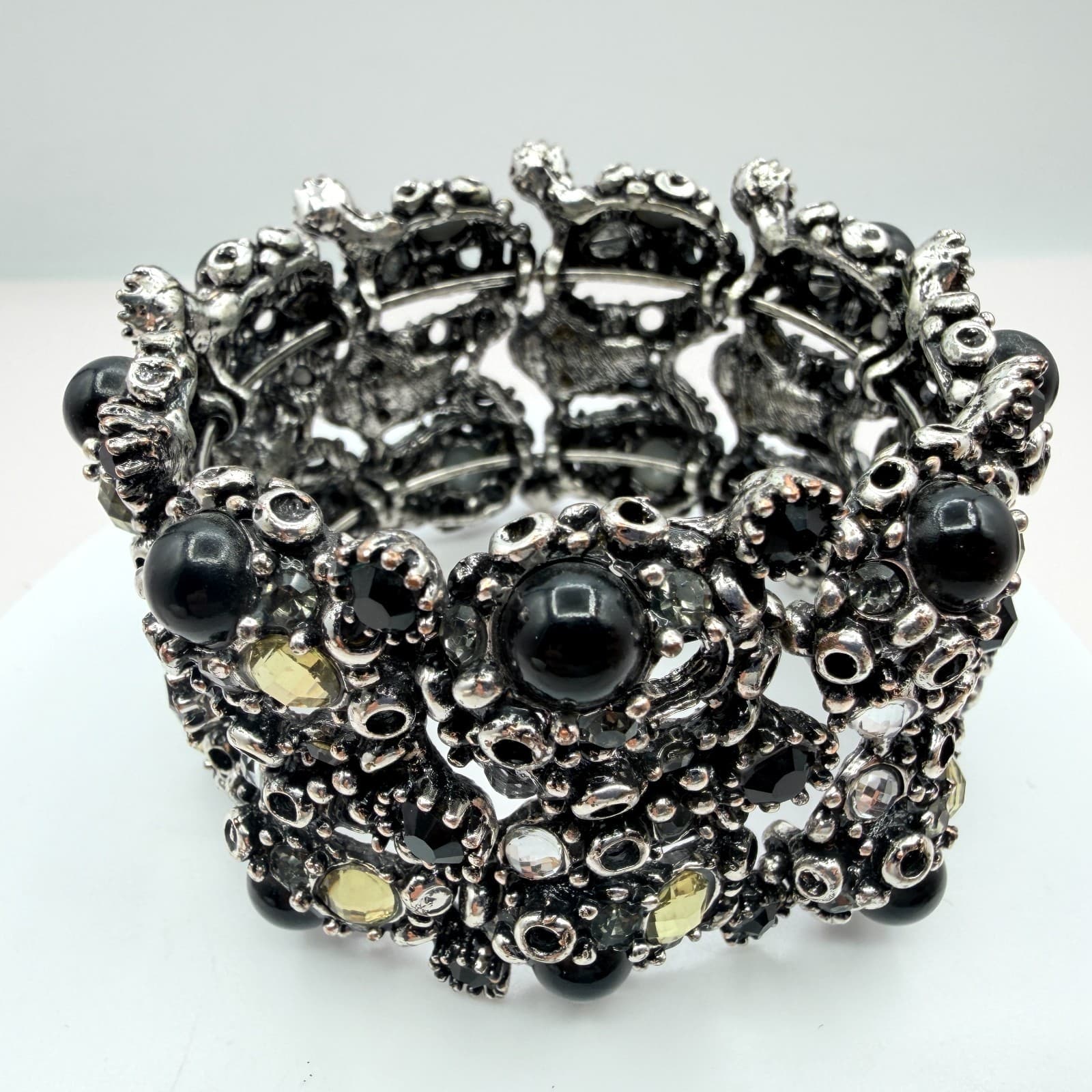 Vintage Silver Tone Stretch Cuff Bracelet Black Rhinestone Chunky Wide Statement