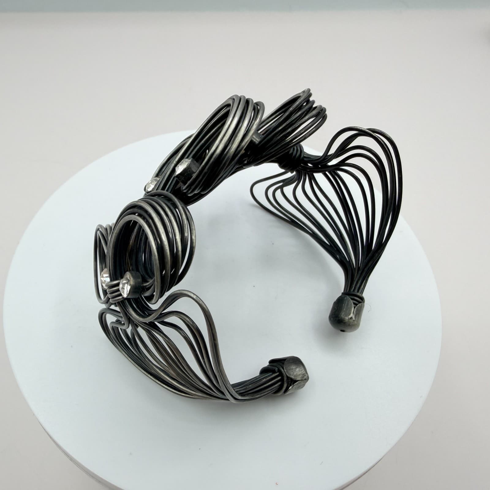 Vintage Gunmetal Tone Cuff Bracelet Wire Wrapped Loops Rhinestone Statement Boho - Thumbnail 3