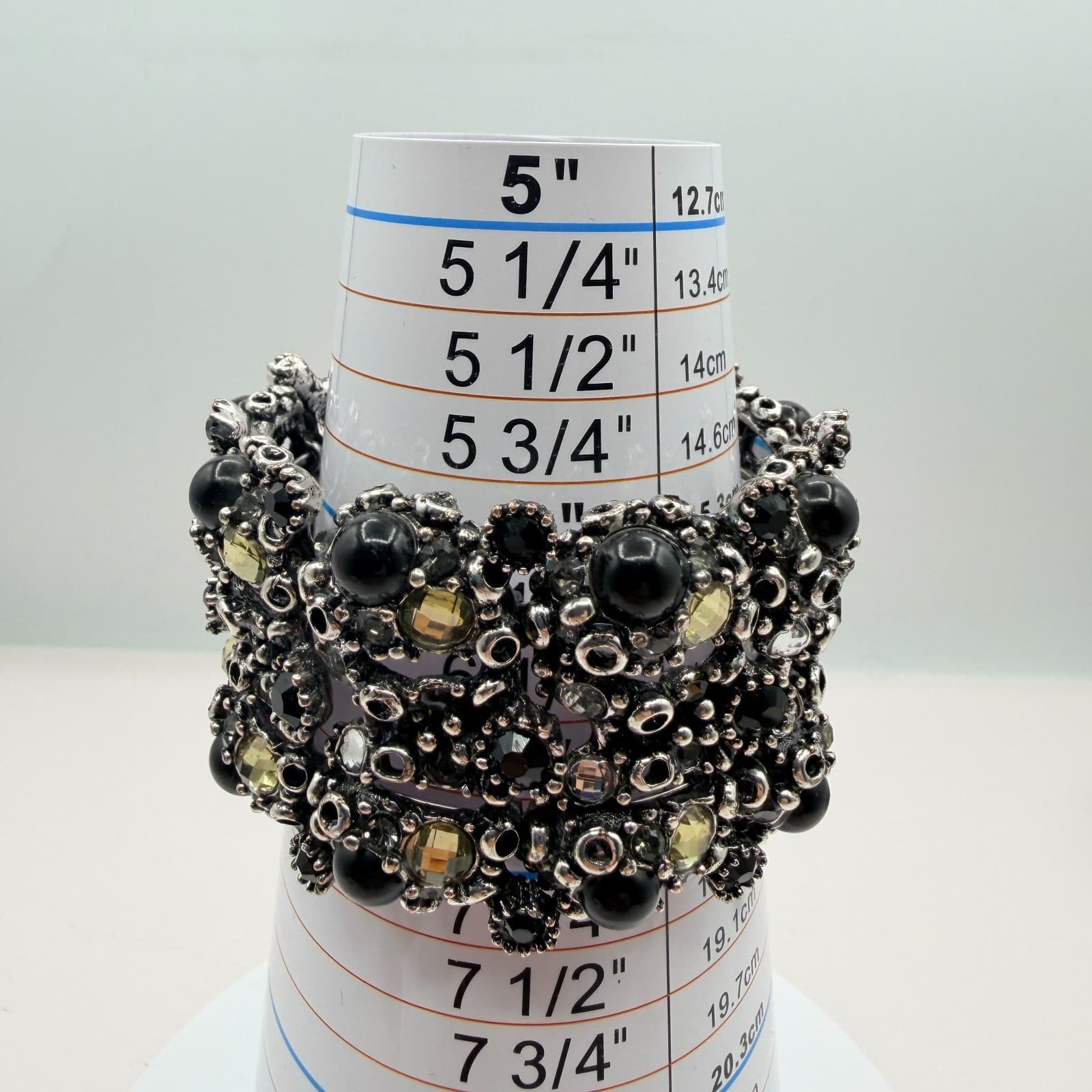 Vintage Silver Tone Stretch Cuff Bracelet Black Rhinestone Chunky Wide Statement - Thumbnail 8