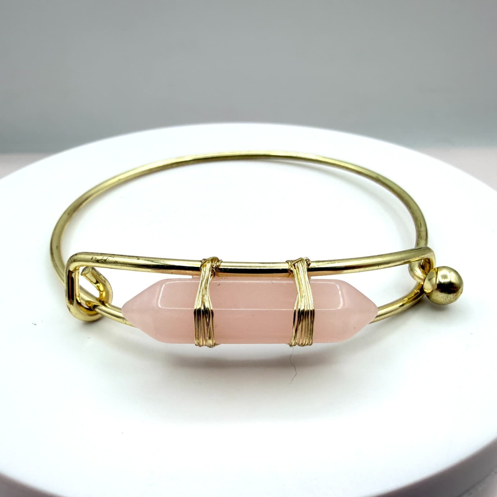 Vintage Gold Tone Hook Bangle Bracelet Pink Quartz Style Point Wire Wrapped Boho