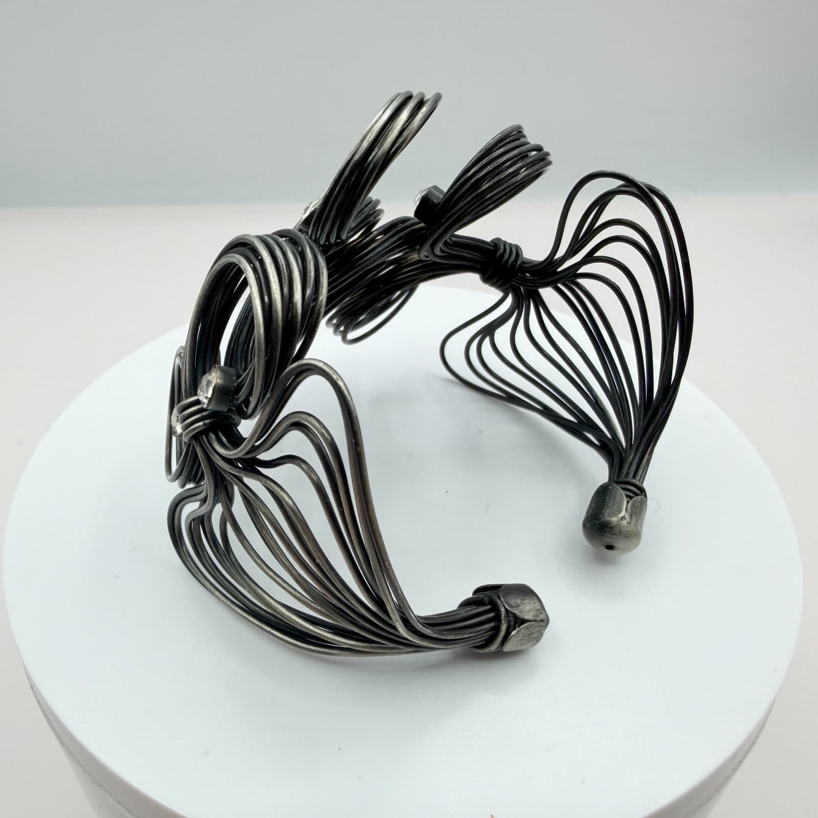Vintage Gunmetal Tone Cuff Bracelet Wire Wrapped Loops Rhinestone Statement Boho - Thumbnail 2