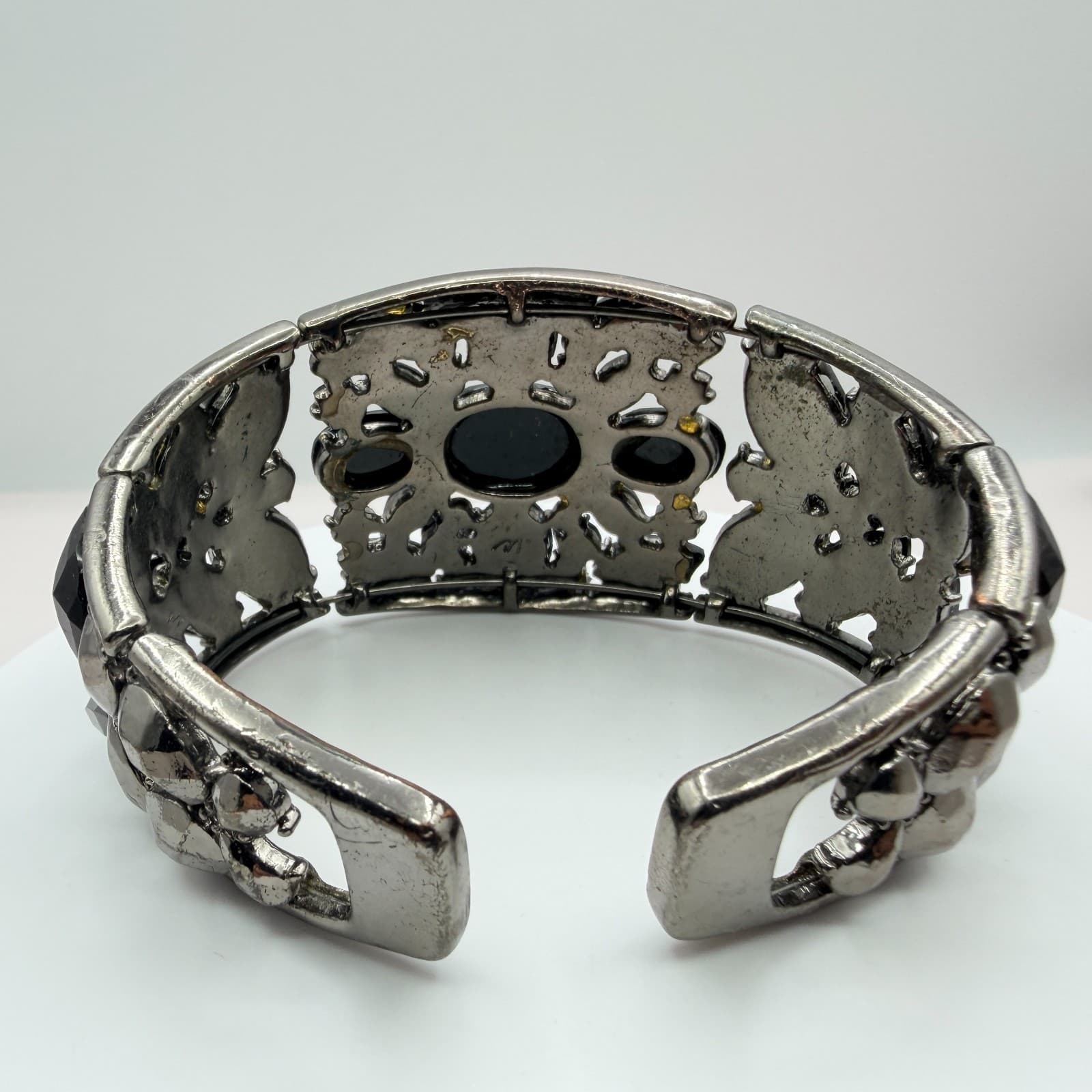 Vintage Gunmetal Tone Stretch Bracelet Black Cluster Rhinestone Wide Panel Retro - Thumbnail 7