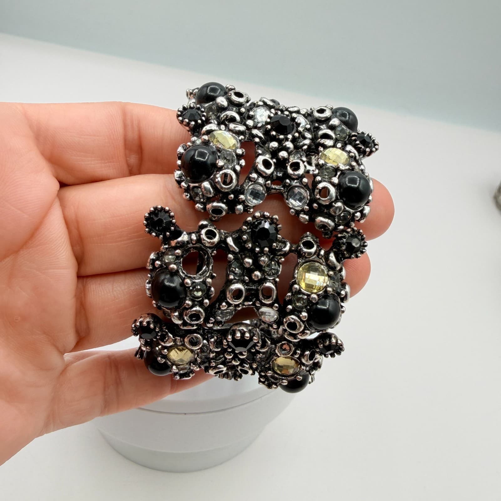Vintage Silver Tone Stretch Cuff Bracelet Black Rhinestone Chunky Wide Statement - Thumbnail 7