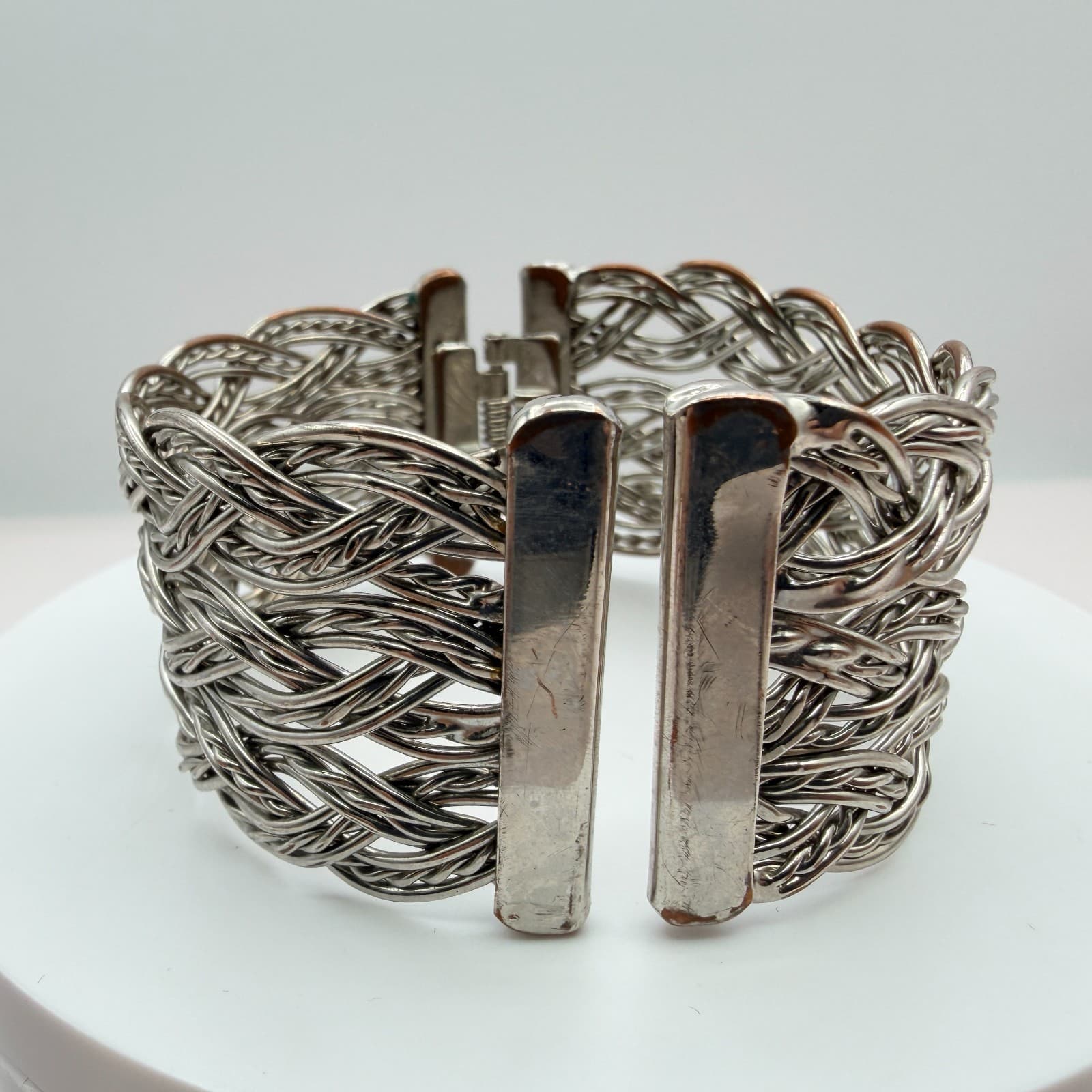 Vintage Silver Tone Cuff Bracelet Braided Wire Mesh Wide Hinged Bypass Bangle - Thumbnail 5
