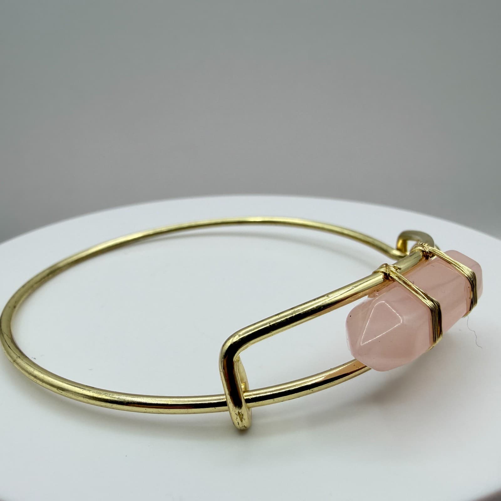 Vintage Gold Tone Hook Bangle Bracelet Pink Quartz Style Point Wire Wrapped Boho - Thumbnail 4