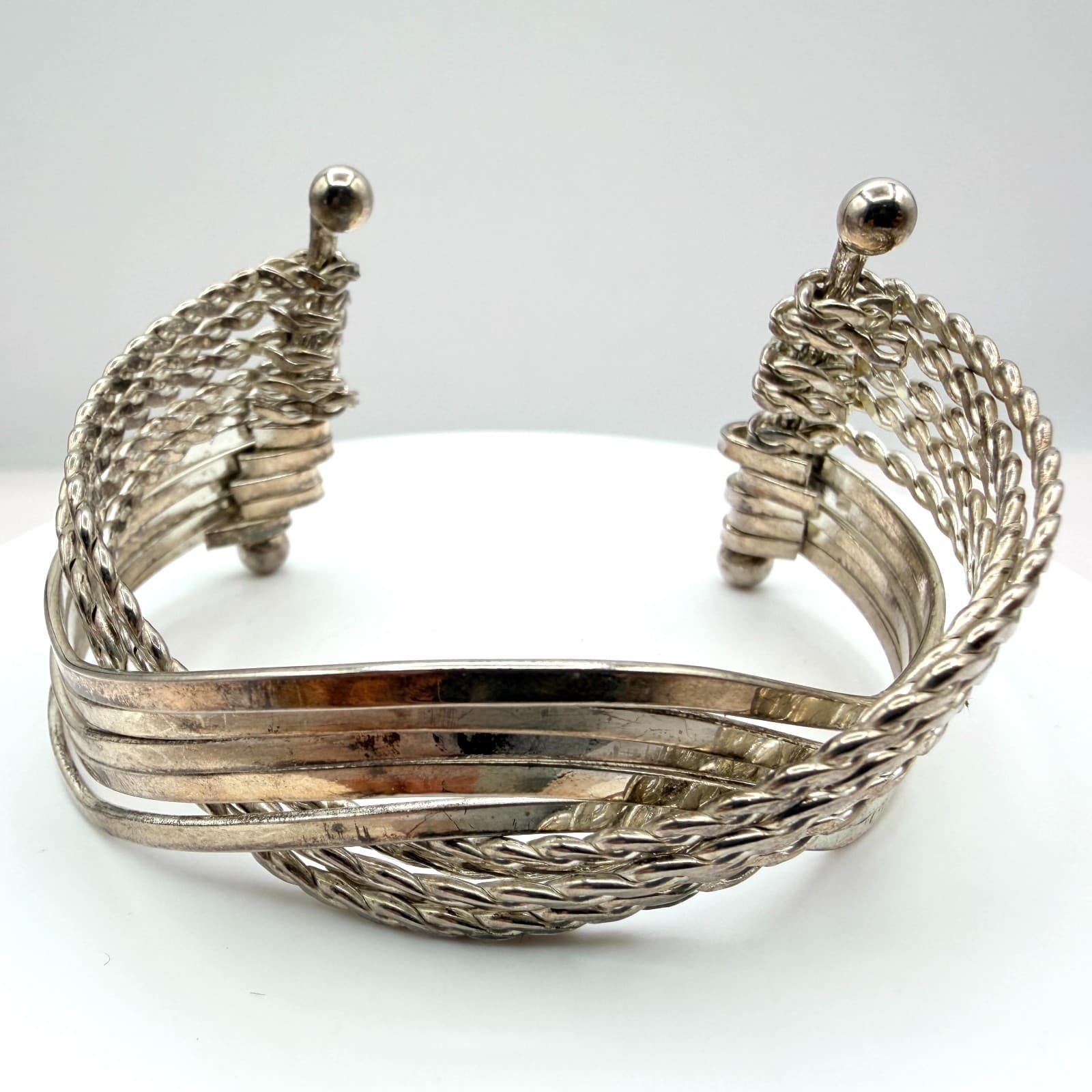 Vintage Silver Tone Multi Strand Cuff Bracelet Twisted Wire Layered Statement