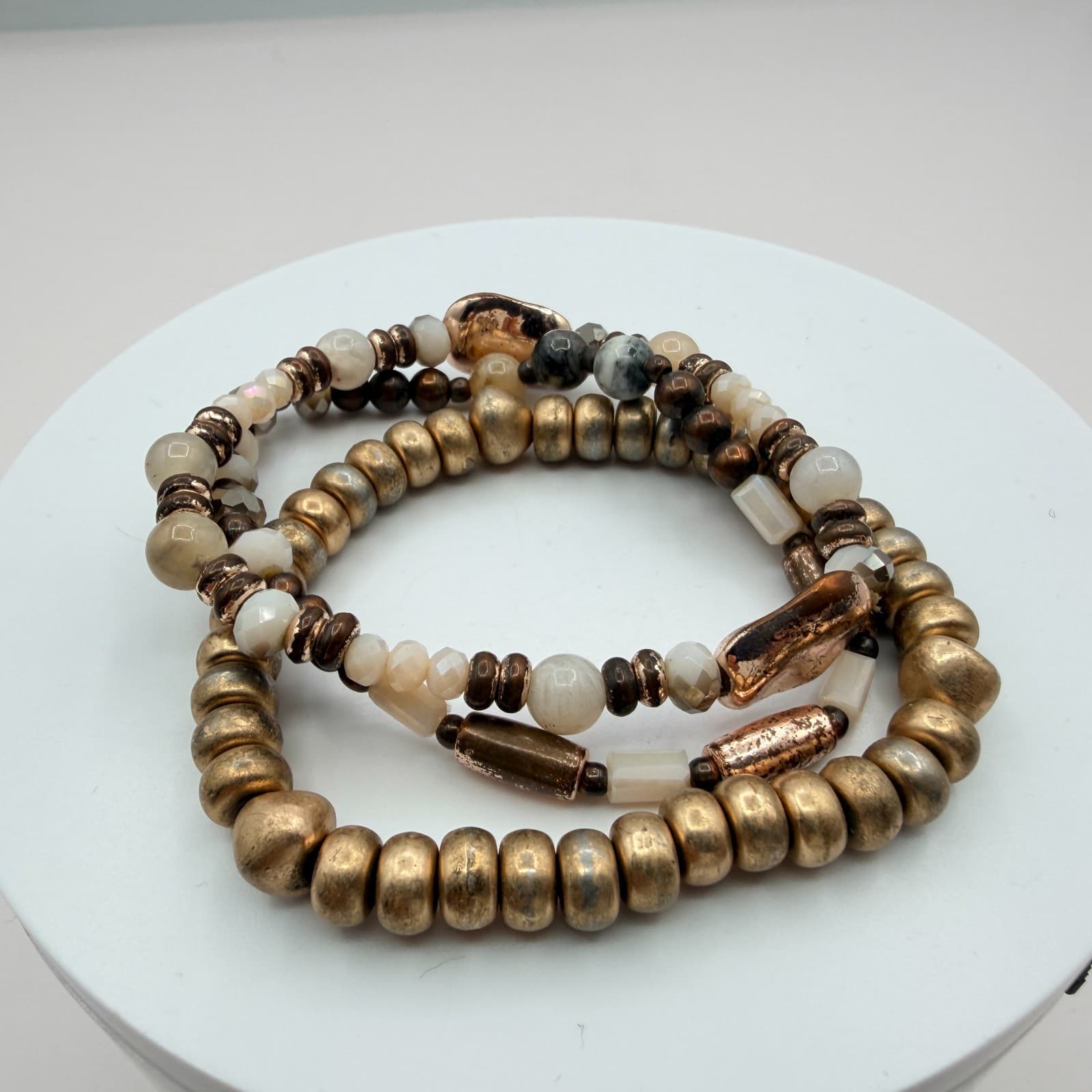 Vintage Gold Tone Beaded Stretch Bracelet Set Lot Multi Strand Chunky Stack Boho - Thumbnail 2