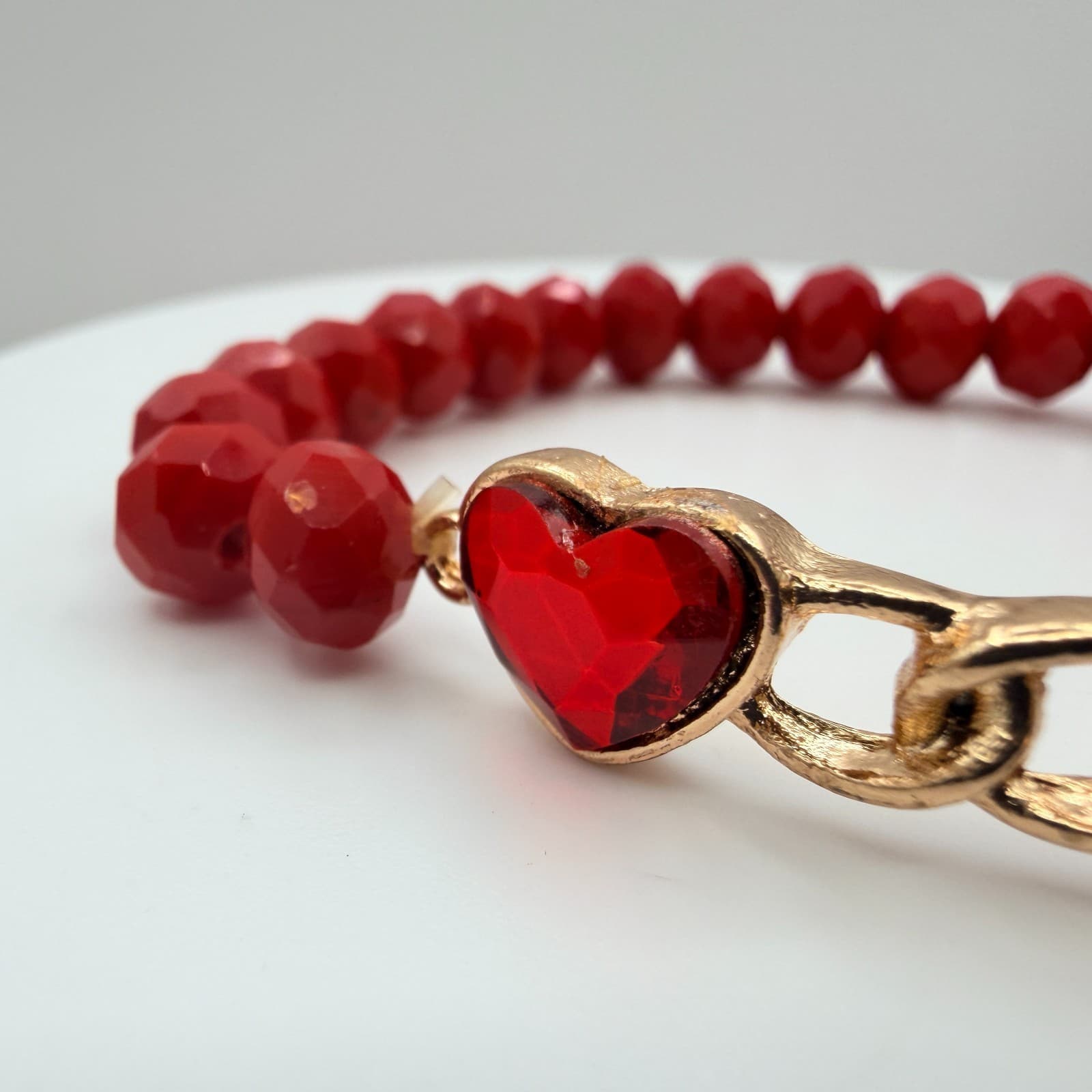 Vintage Gold Tone Red Crystal Heart Jewelry Set Ring Bracelet Post Stud Earrings - Thumbnail 5