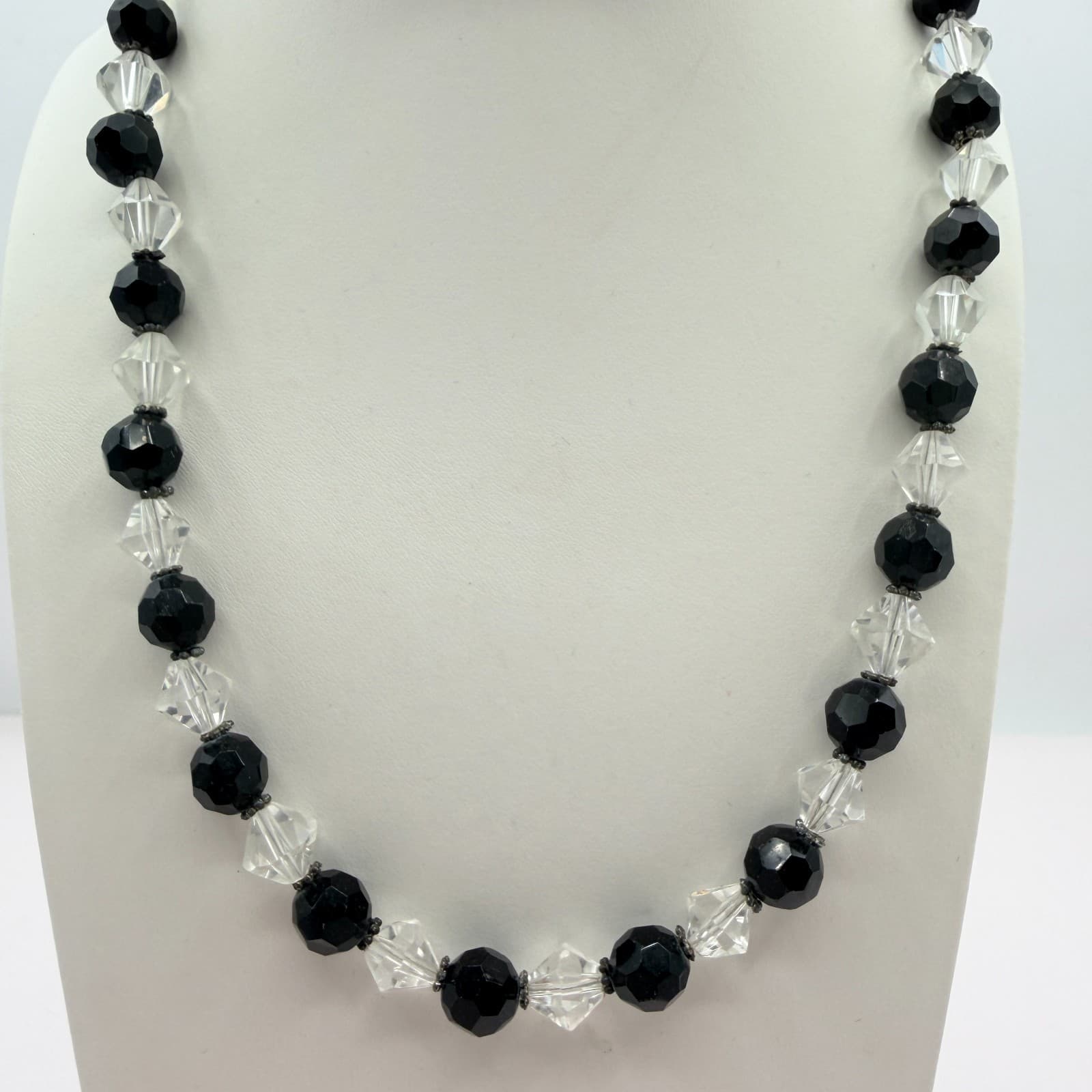 Vintage Black Clear Crystal Bead Necklace Bracelet Dangle Earrings Matching Set - Thumbnail 2