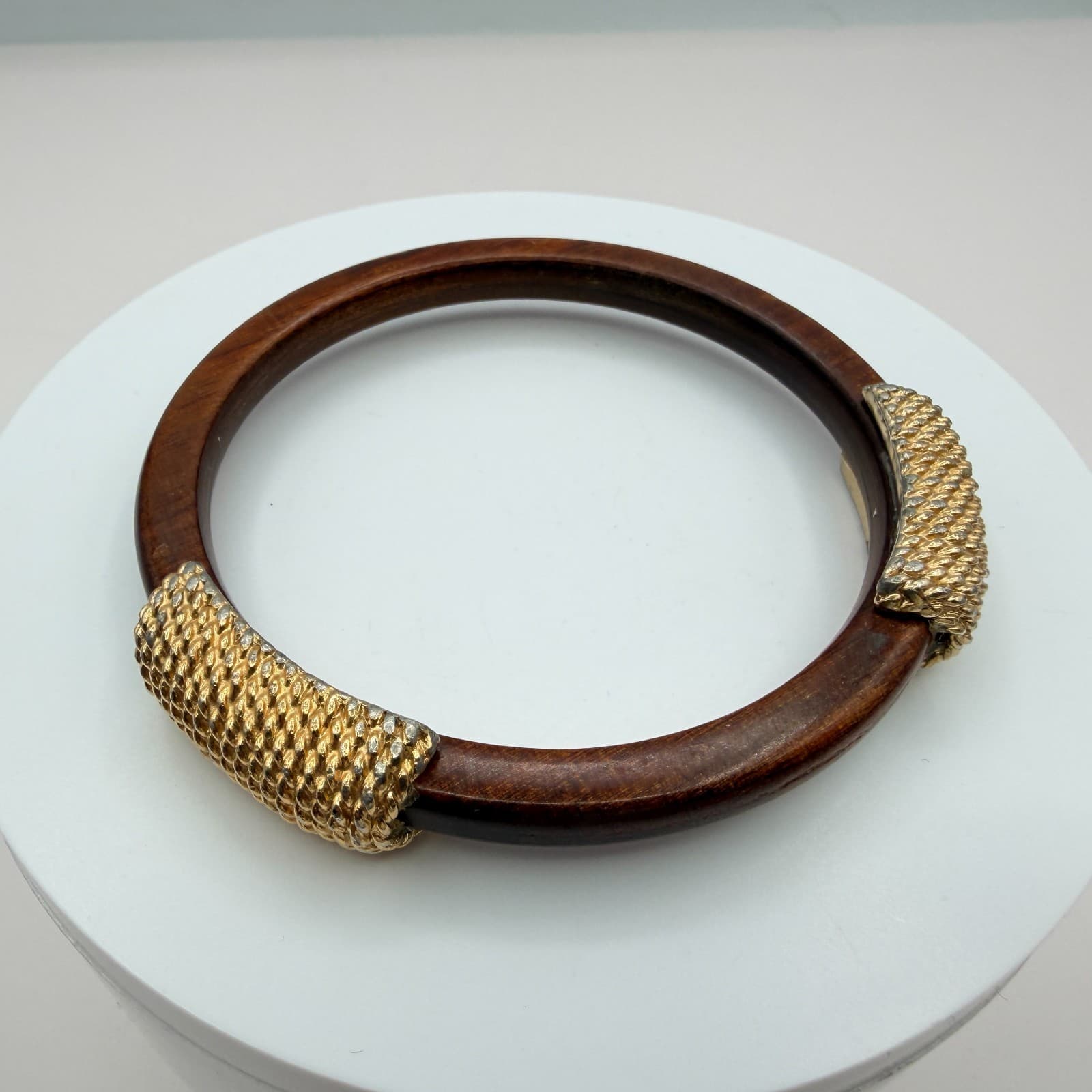 Vintage Wood Bangle Bracelet Gold Tone Textured Metal Rope Accents Chunky Boho - Thumbnail 3