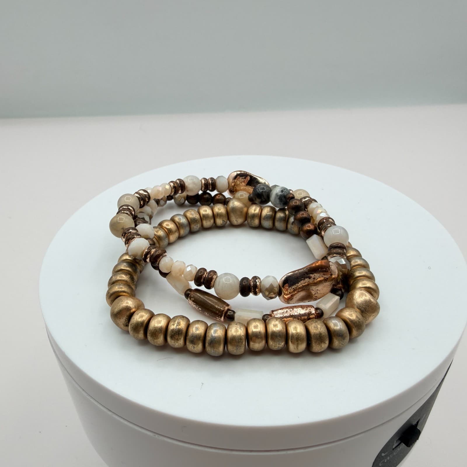 Vintage Gold Tone Beaded Stretch Bracelet Set Lot Multi Strand Chunky Stack Boho - Thumbnail 5