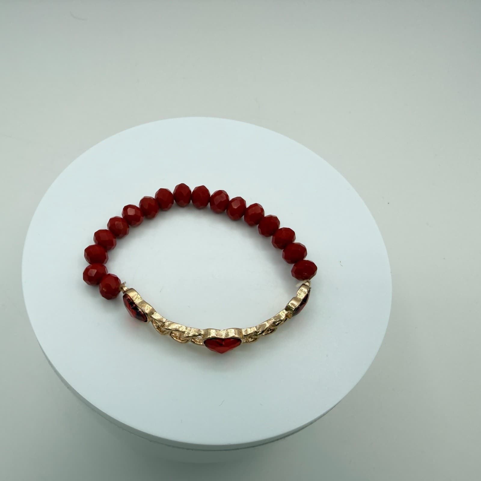 Vintage Gold Tone Red Crystal Heart Jewelry Set Ring Bracelet Post Stud Earrings - Thumbnail 6