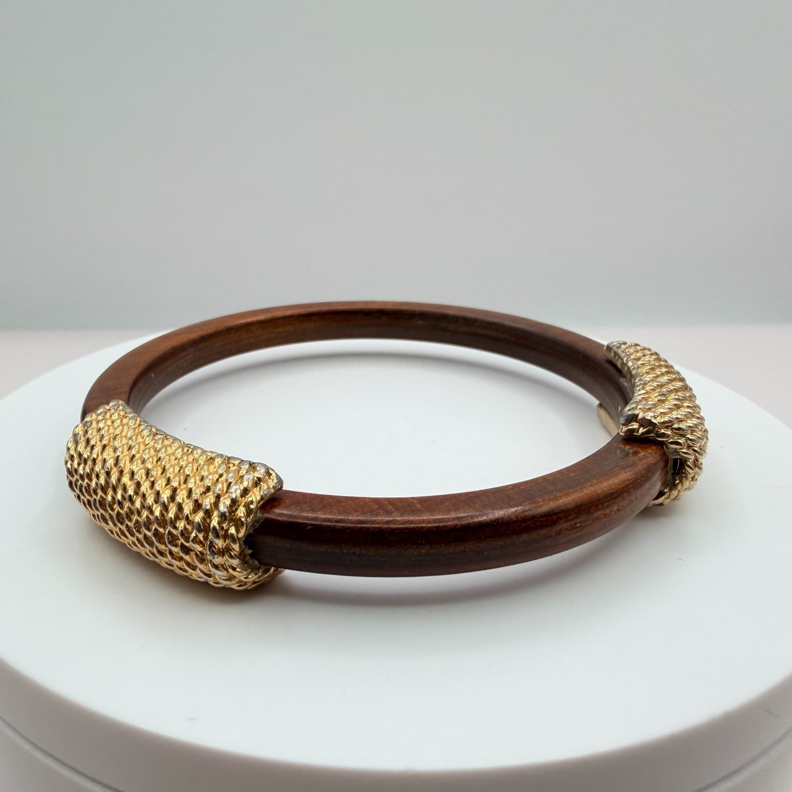 Vintage Wood Bangle Bracelet Gold Tone Textured Metal Rope Accents Chunky Boho - Thumbnail 6