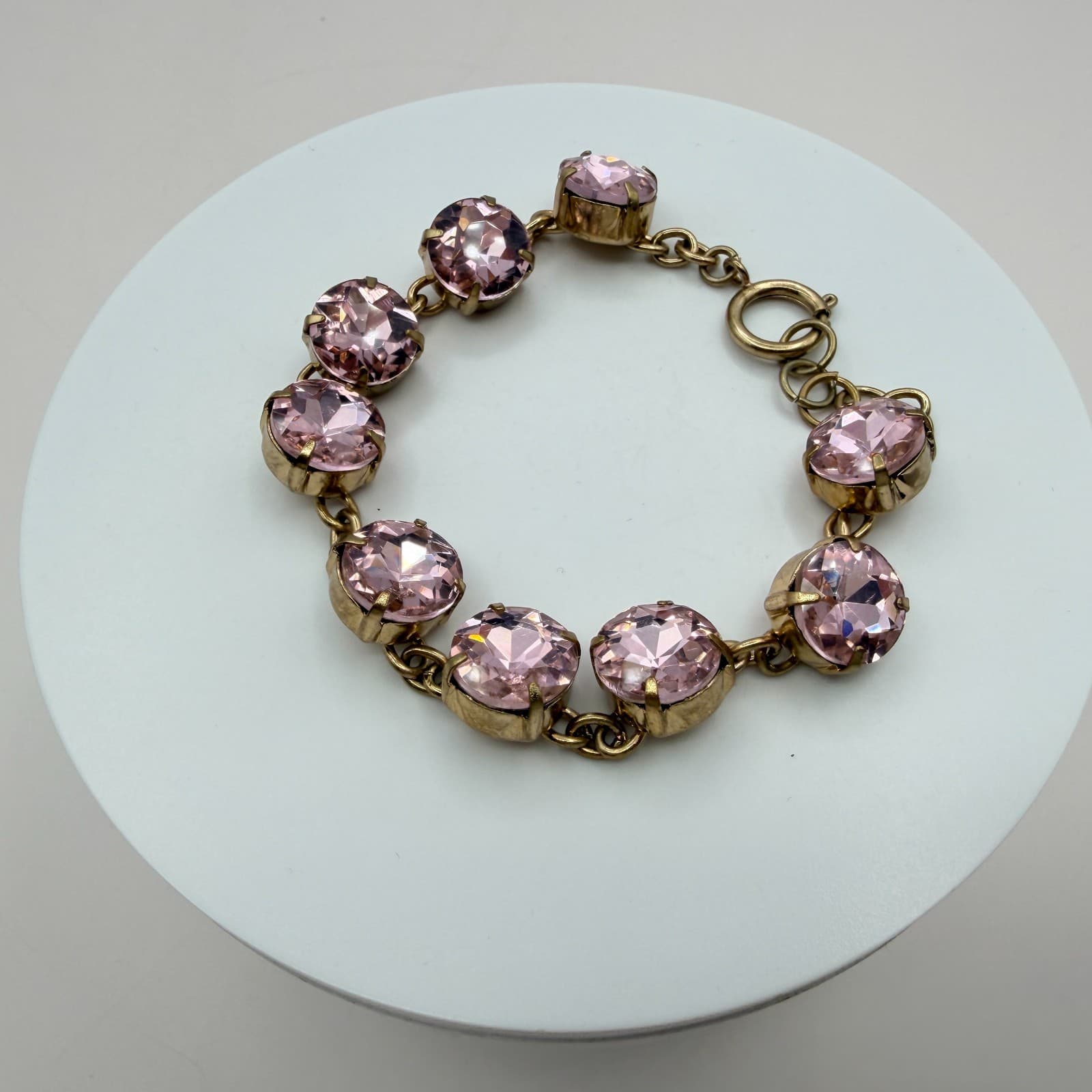 Vintage Crystal Tennis Bracelet Large Round Rhinestone Cup Chain Pink Smoky Gray - Thumbnail 6