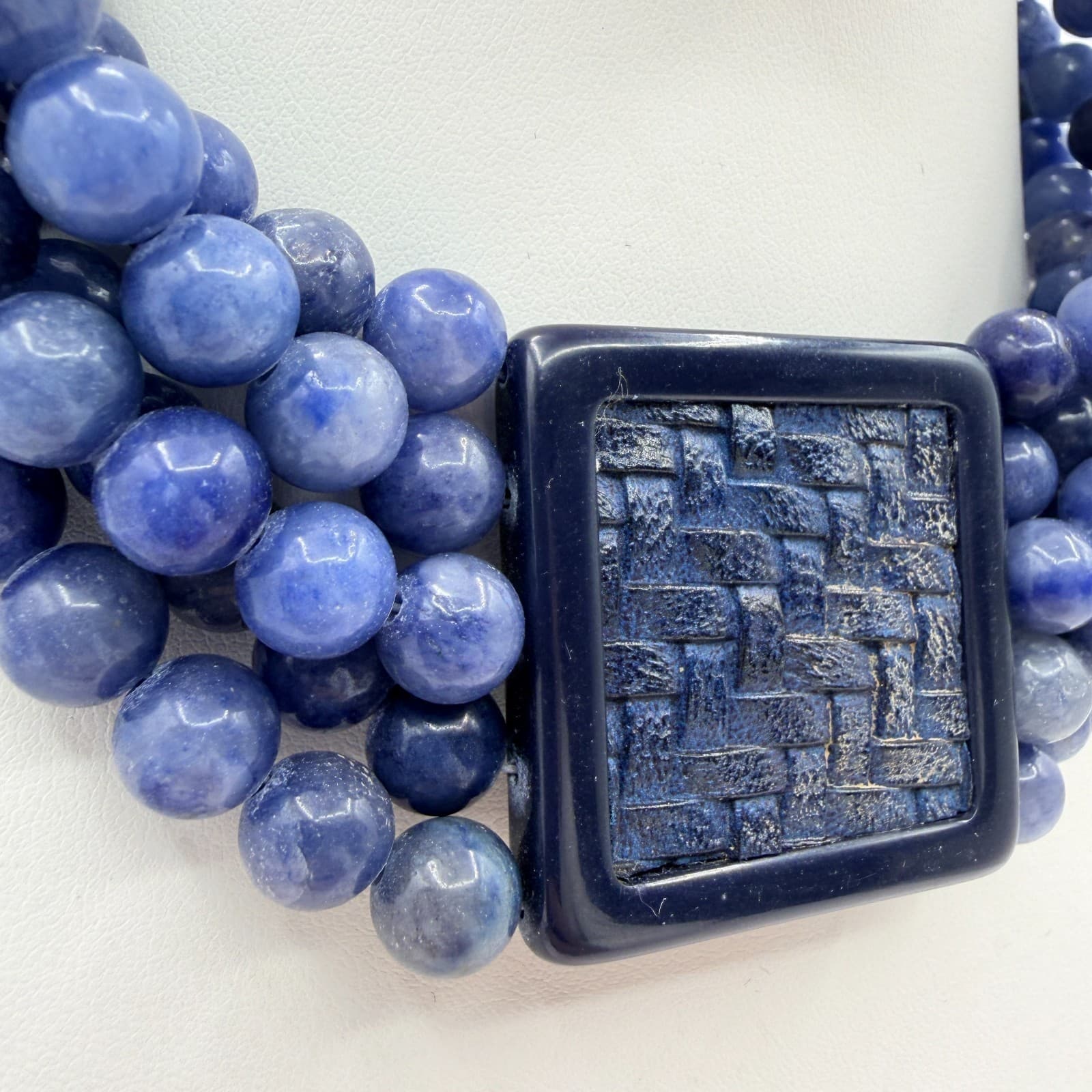 Vintage Blue Stone Bead Necklace Multi Strand Square Basketweave Pendant Chunky - Thumbnail 4