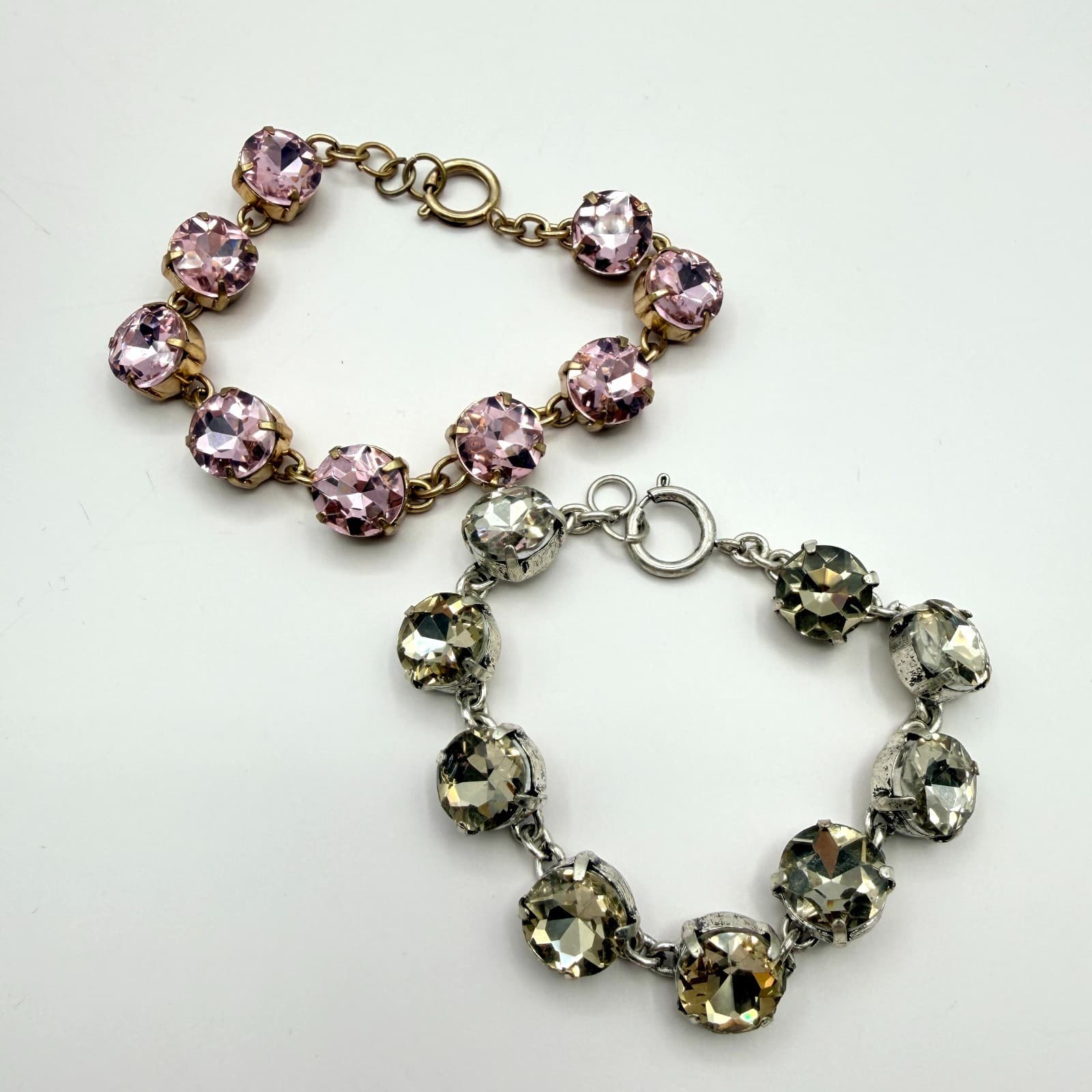 Vintage Crystal Tennis Bracelet Large Round Rhinestone Cup Chain Pink Smoky Gray