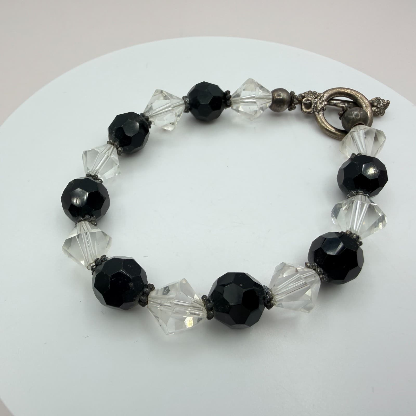 Vintage Black Clear Crystal Bead Necklace Bracelet Dangle Earrings Matching Set - Thumbnail 13