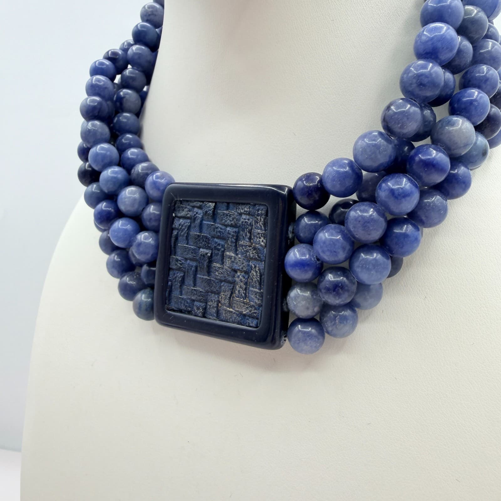 Vintage Blue Stone Bead Necklace Multi Strand Square Basketweave Pendant Chunky - Thumbnail 5