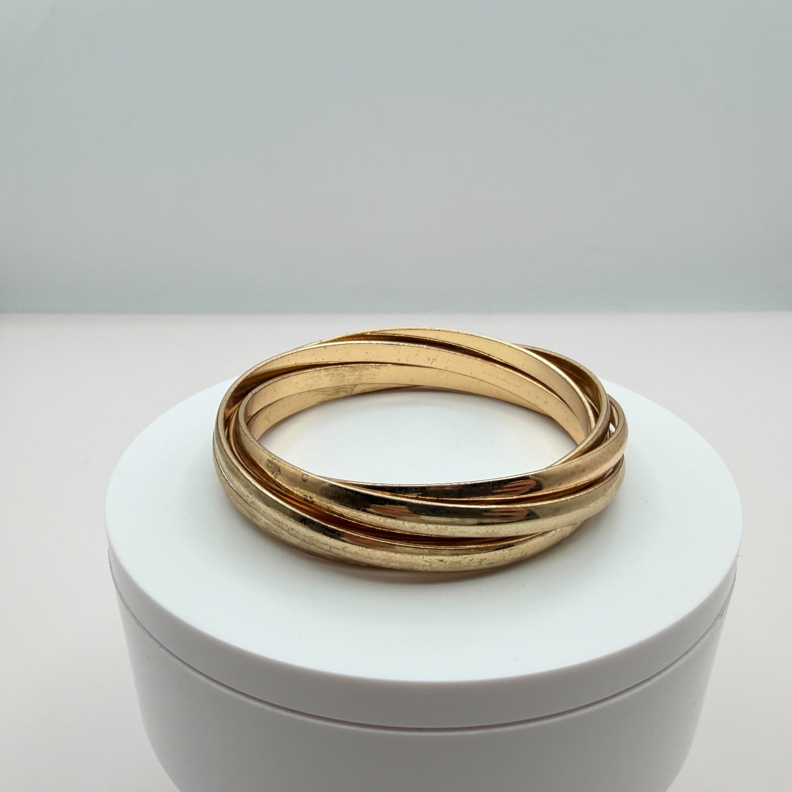 Vintage Gold Tone Interlocking Trinity Bangle Bracelet Multi Strand Statement - Thumbnail 5