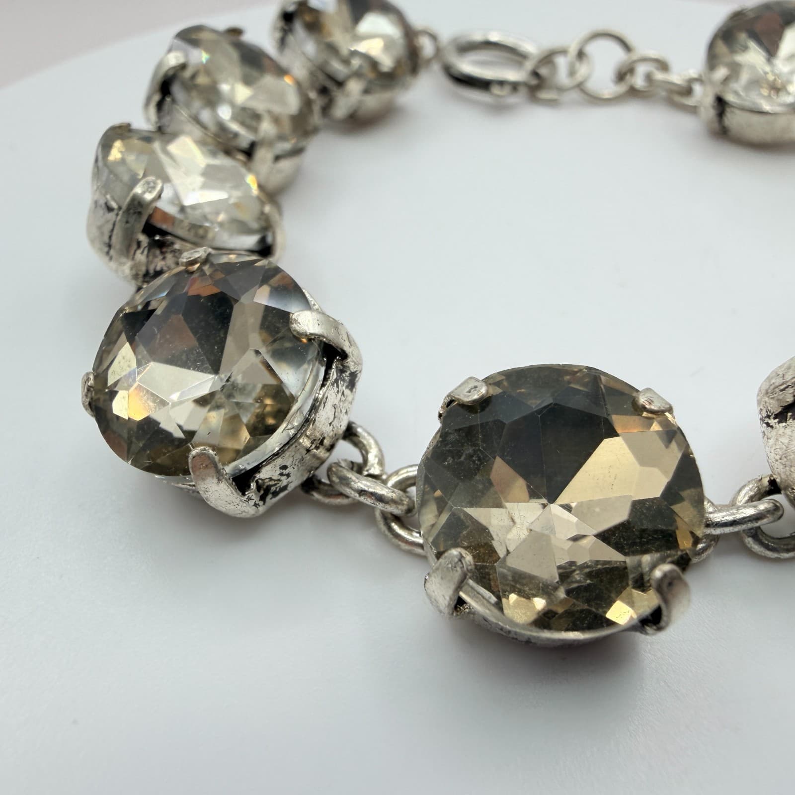 Vintage Crystal Tennis Bracelet Large Round Rhinestone Cup Chain Pink Smoky Gray - Thumbnail 10