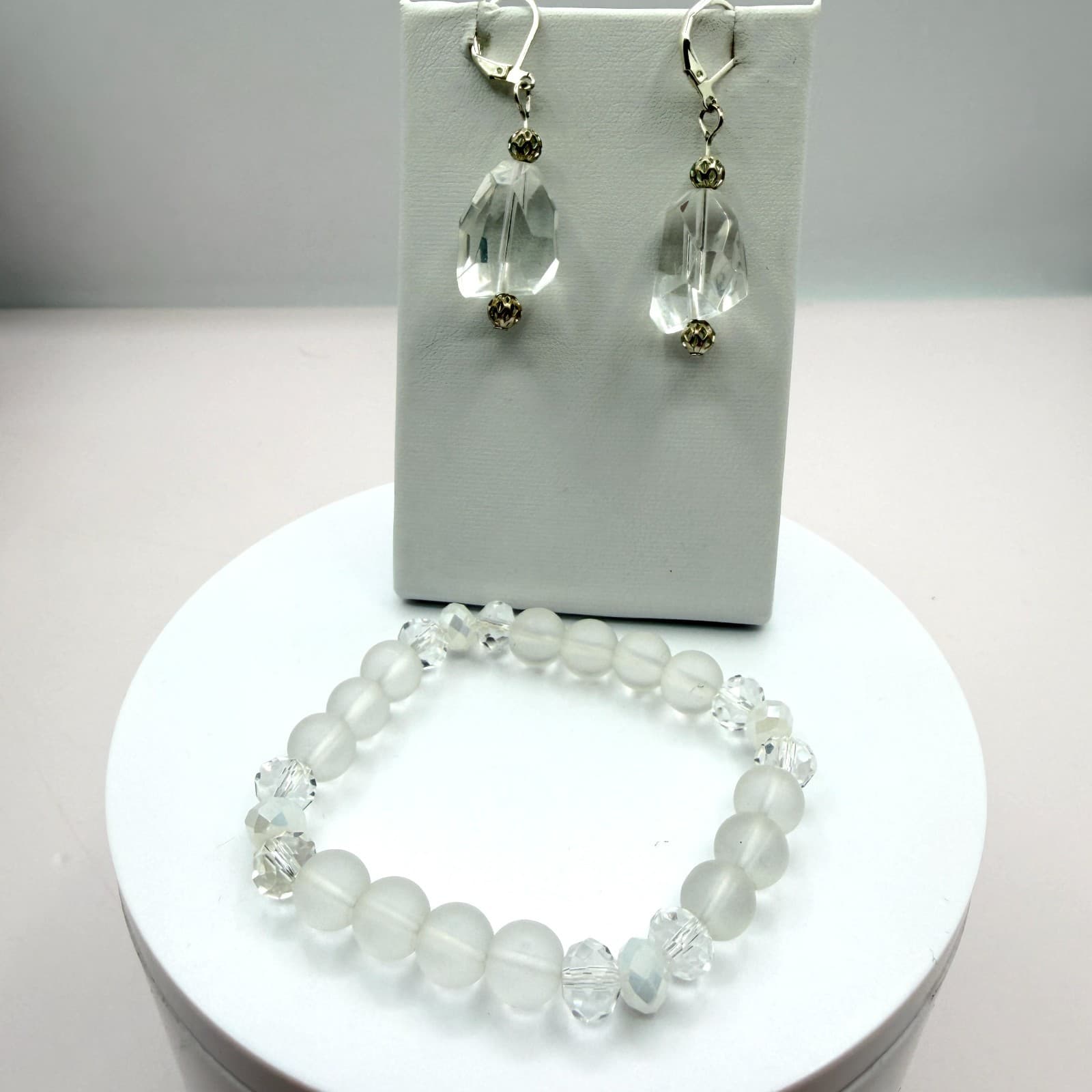 Vintage Silver Tone Clear Crystal Bead Stretch Bracelet Dangle Earrings Set Boho