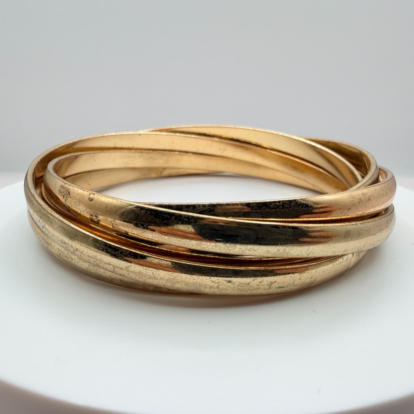 Vintage Gold Tone Interlocking Trinity Bangle Bracelet Multi Strand Statement - Thumbnail 4