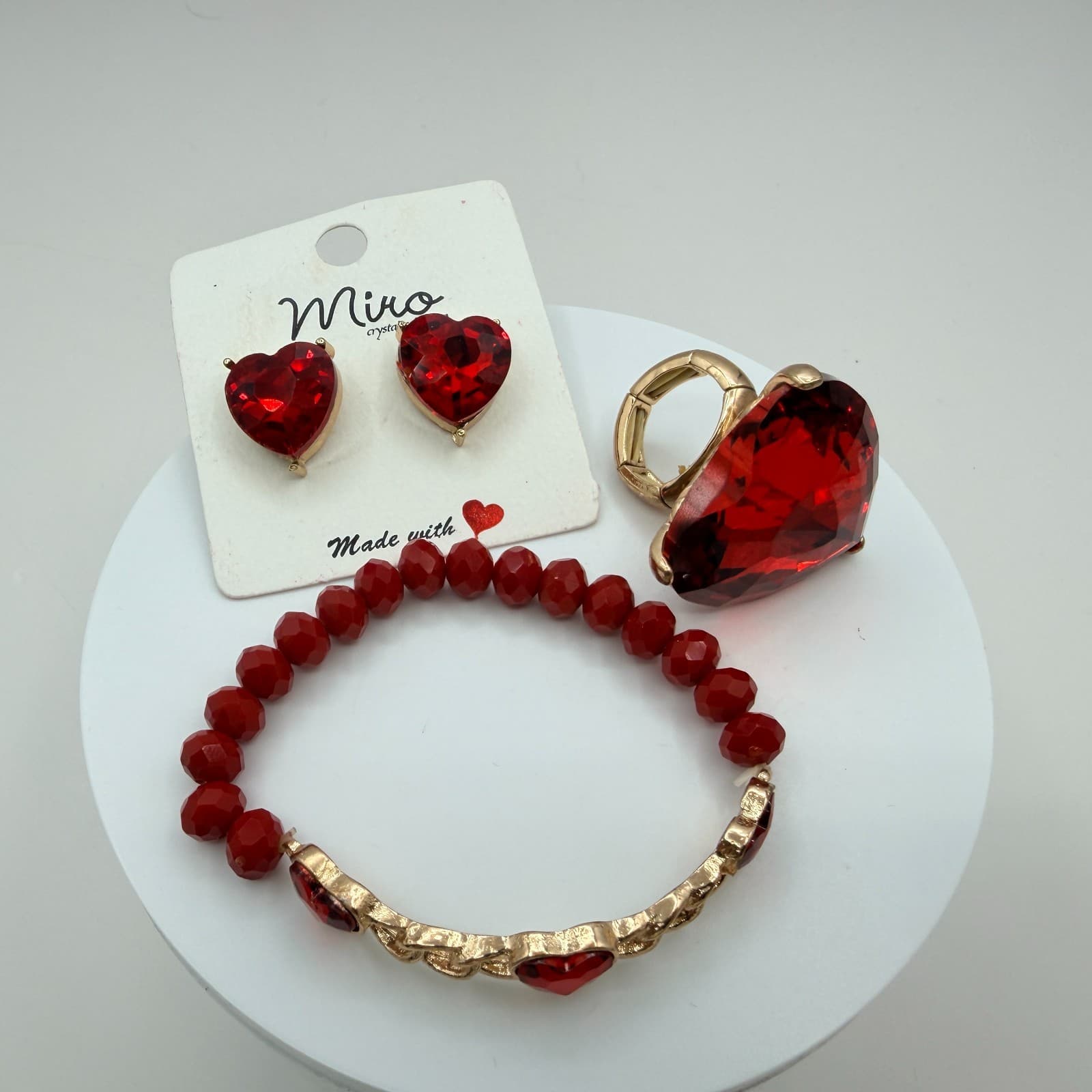 Vintage Gold Tone Red Crystal Heart Jewelry Set Ring Bracelet Post Stud Earrings - Thumbnail 2
