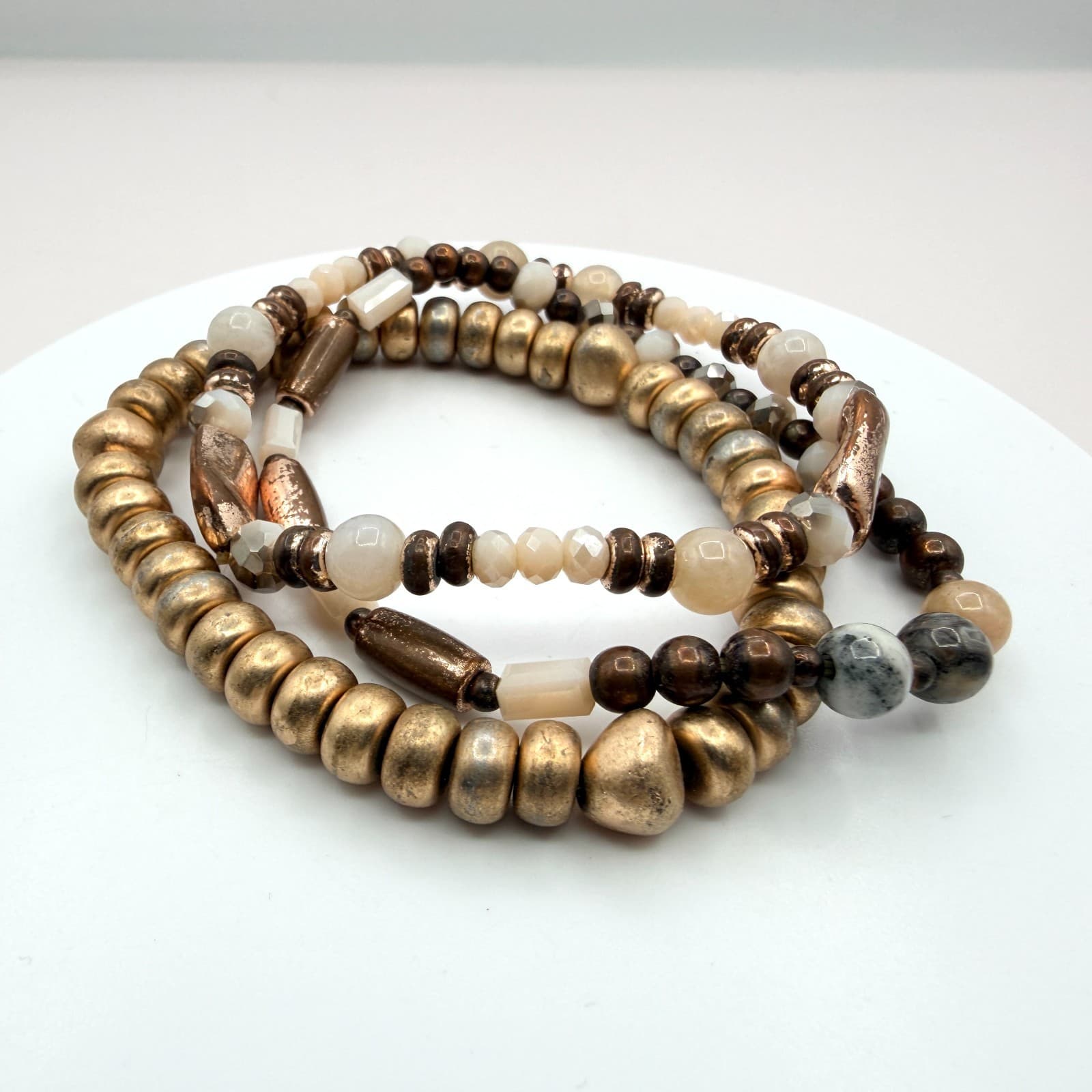 Vintage Gold Tone Beaded Stretch Bracelet Set Lot Multi Strand Chunky Stack Boho