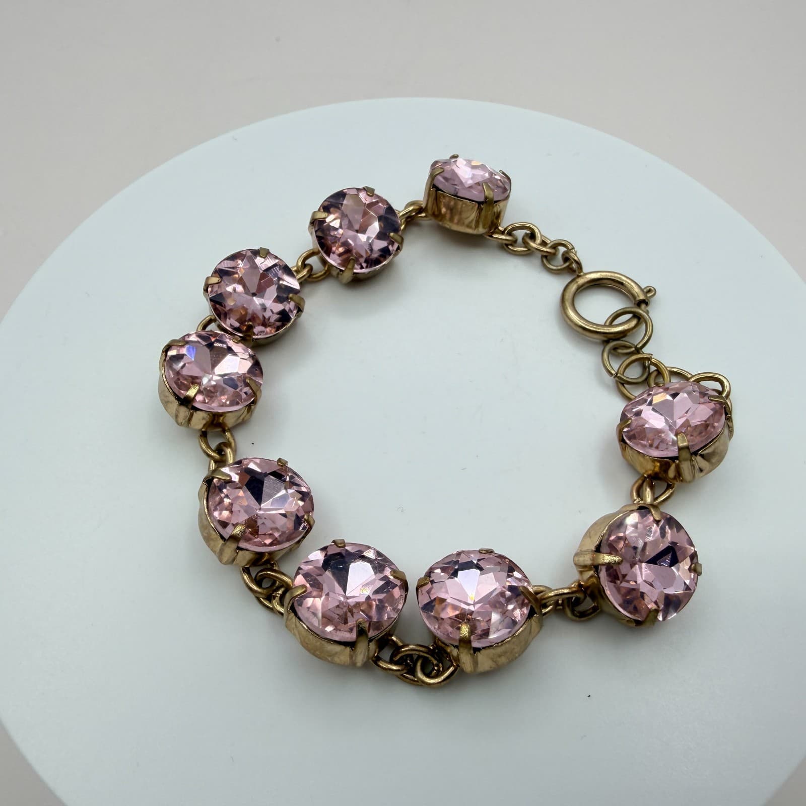 Vintage Crystal Tennis Bracelet Large Round Rhinestone Cup Chain Pink Smoky Gray - Thumbnail 2