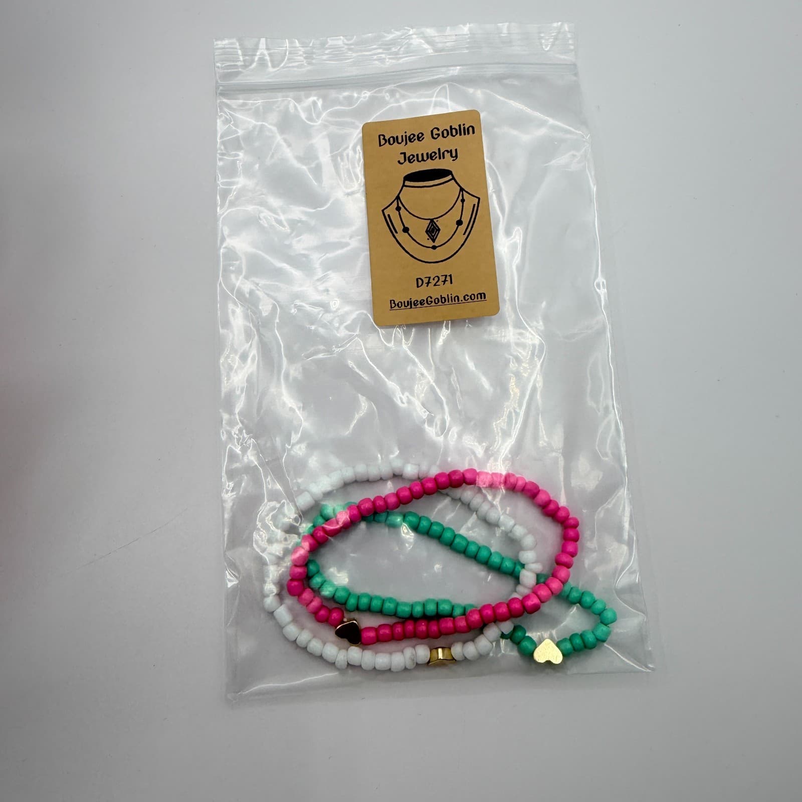 Vintage Beaded Stretch Bracelet Stack Set Pink White Teal Gold Tone Heart Retro - Thumbnail 9
