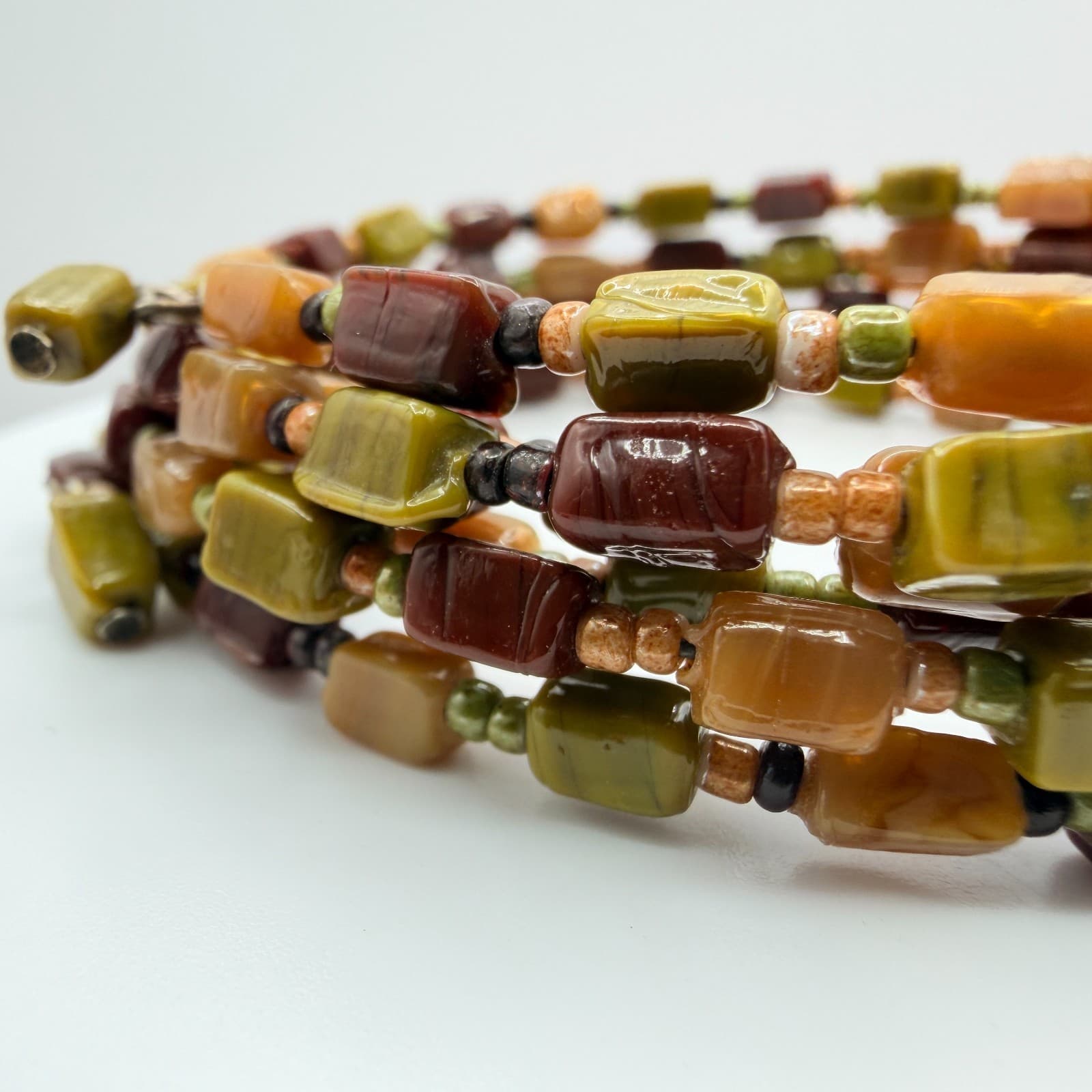 Vintage Earth Tone Memory Wire Wrap Bracelet Chunky Beaded Statement Boho Retro - Thumbnail 4