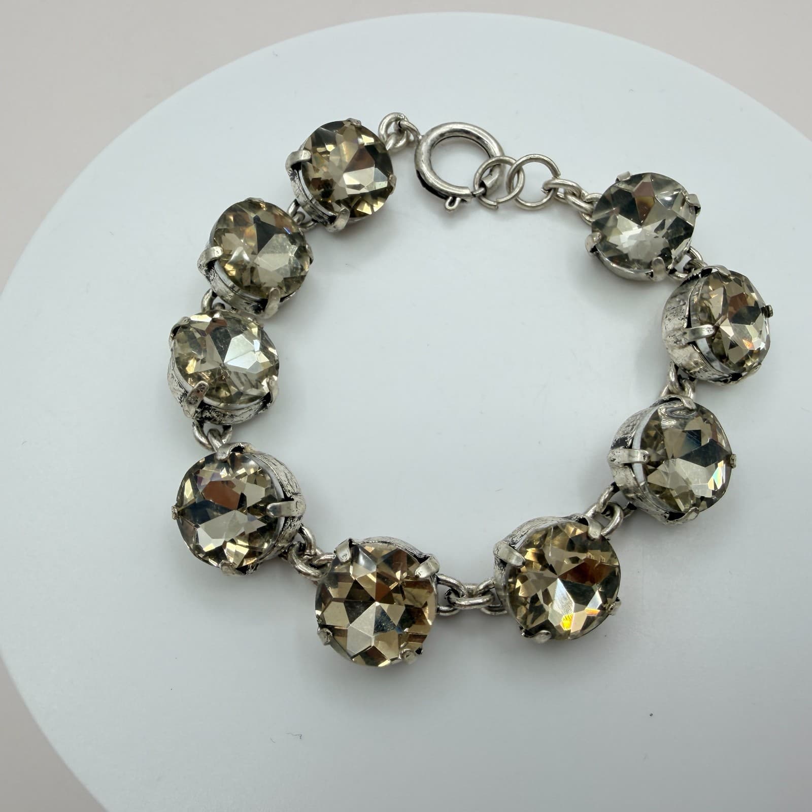 Vintage Crystal Tennis Bracelet Large Round Rhinestone Cup Chain Pink Smoky Gray - Thumbnail 7
