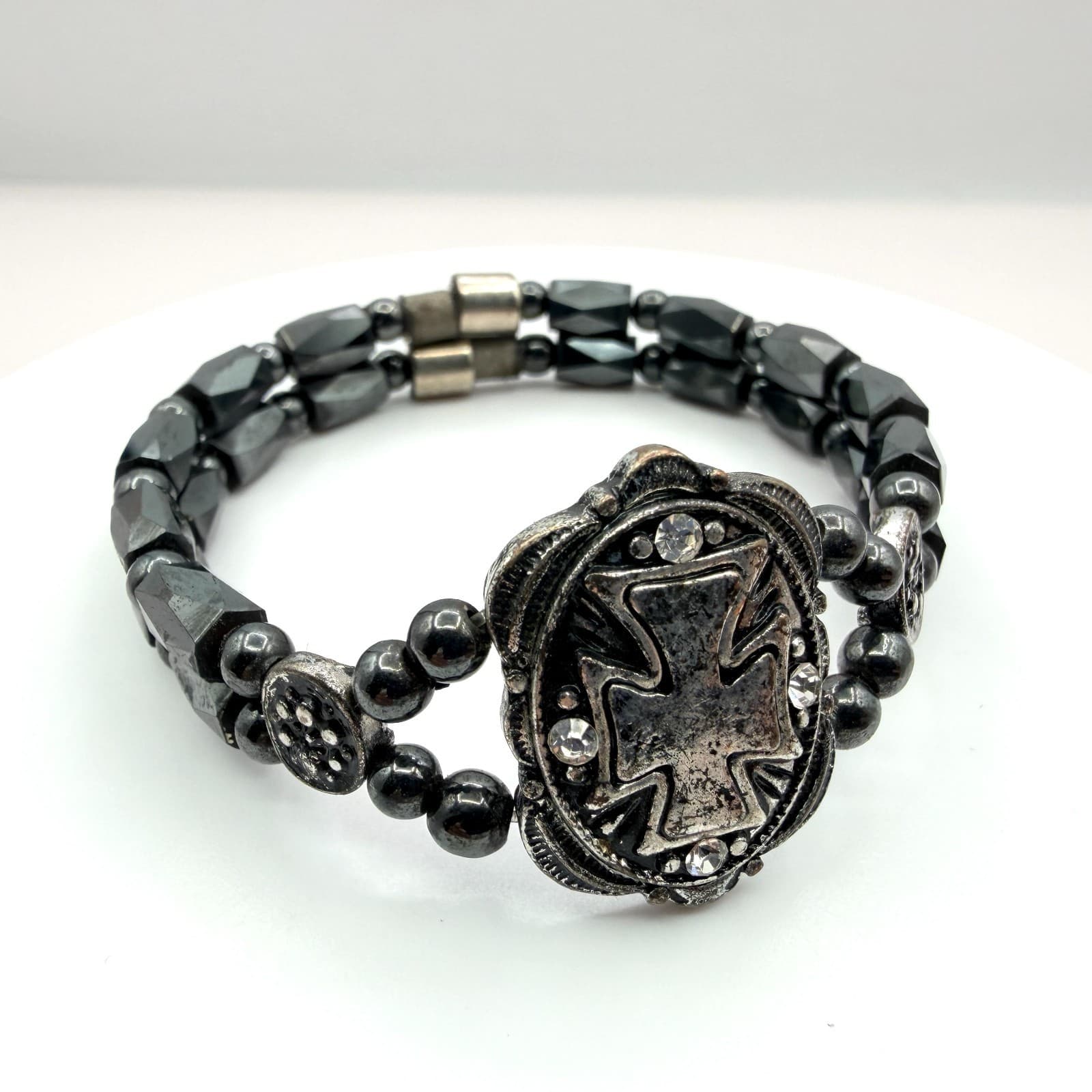 Vintage Hematite Tone Double Strand Stretch Bracelet Maltese Cross Goth Y2K 90s