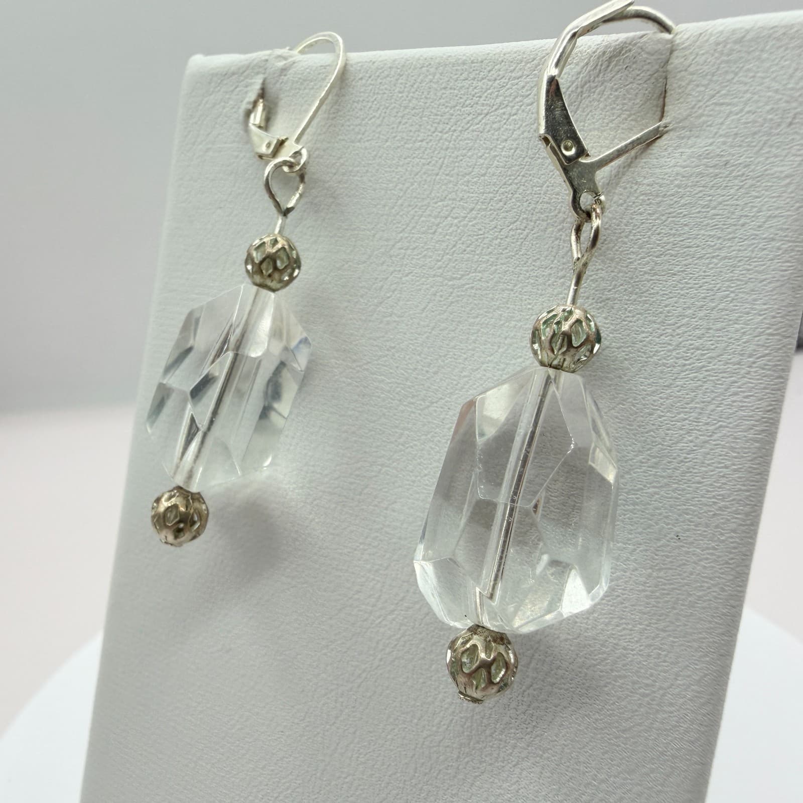 Vintage Silver Tone Clear Crystal Bead Stretch Bracelet Dangle Earrings Set Boho - Thumbnail 9
