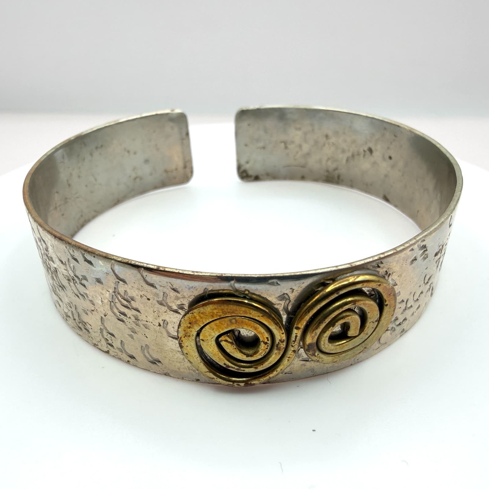 Vintage Silver Tone Two Tone Hammered Cuff Bracelet Brass Swirl Spiral Tribal