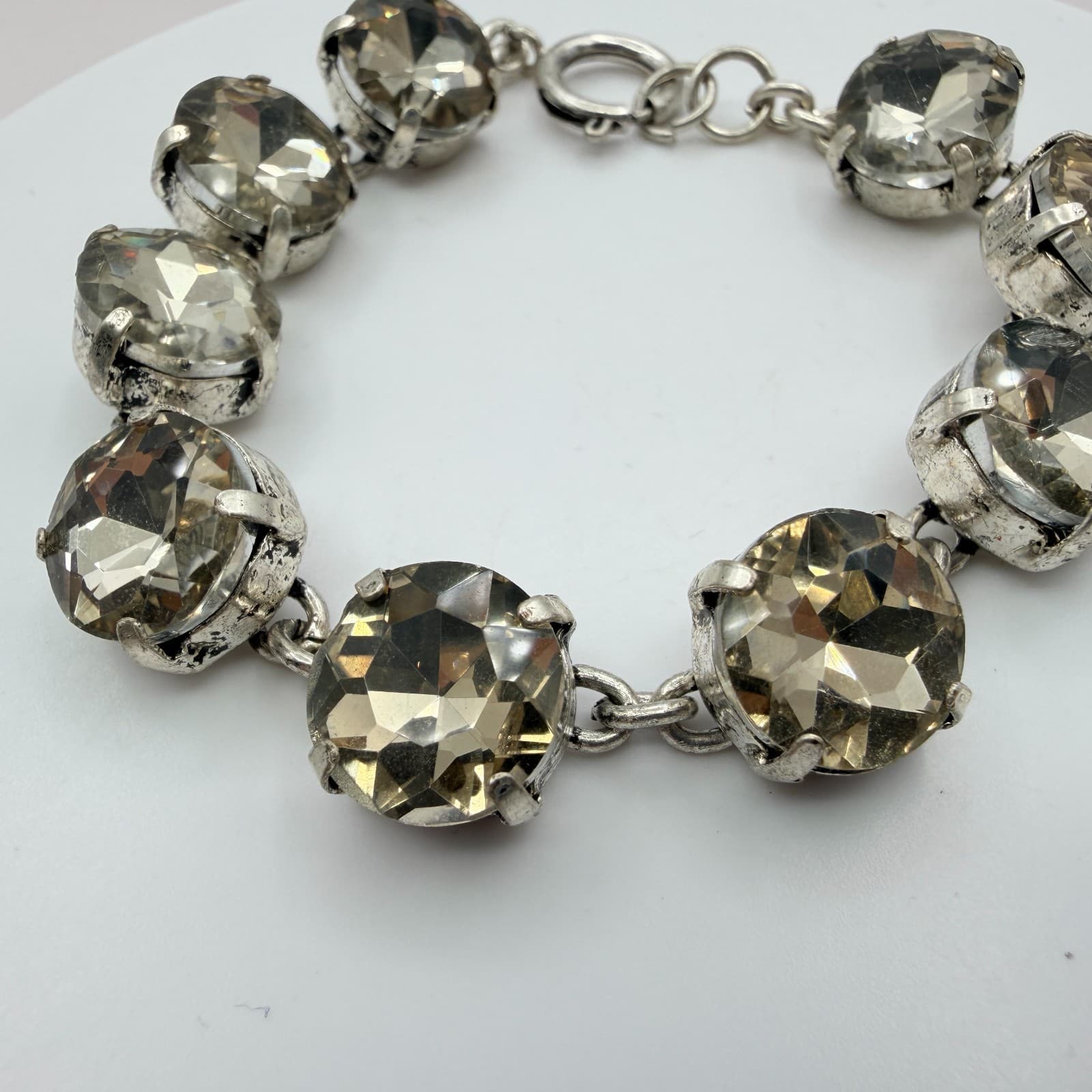 Vintage Crystal Tennis Bracelet Large Round Rhinestone Cup Chain Pink Smoky Gray - Thumbnail 9