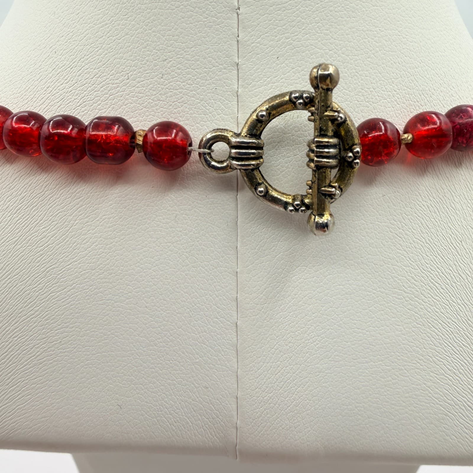 Vintage Gold Tone Red Bead Necklace Chunky Barrel Round Glass Strand Retro Boho - Thumbnail 6